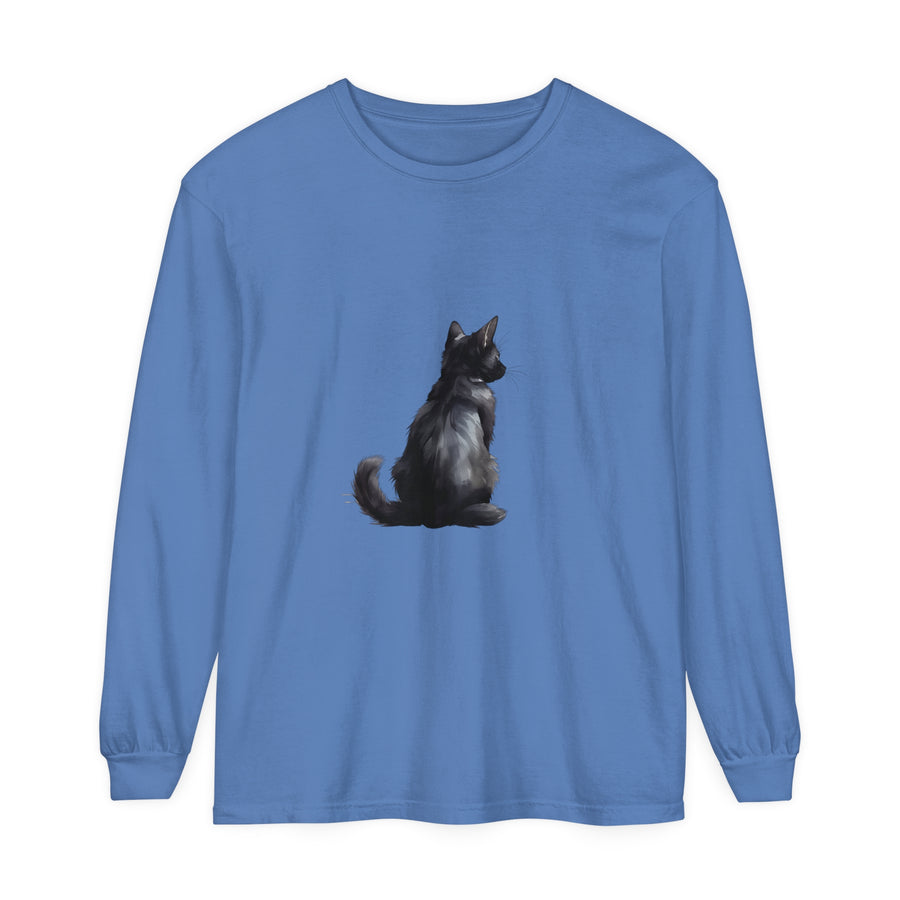 Black Cat Mystery unisex long sleeve tee with graphic of black cat and moon