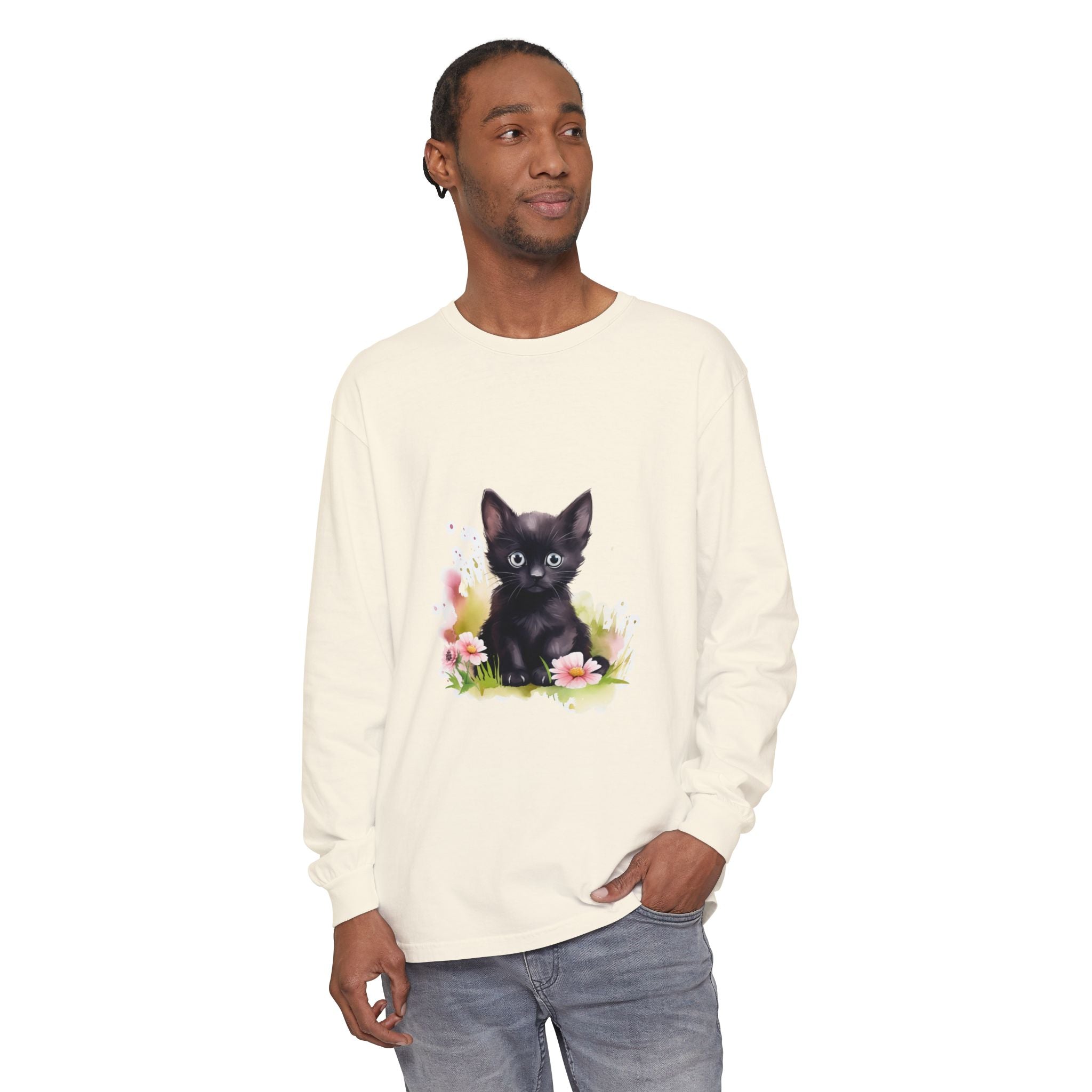 Langarmshirt | Schwarzes Kätzchen & rosa Blumen