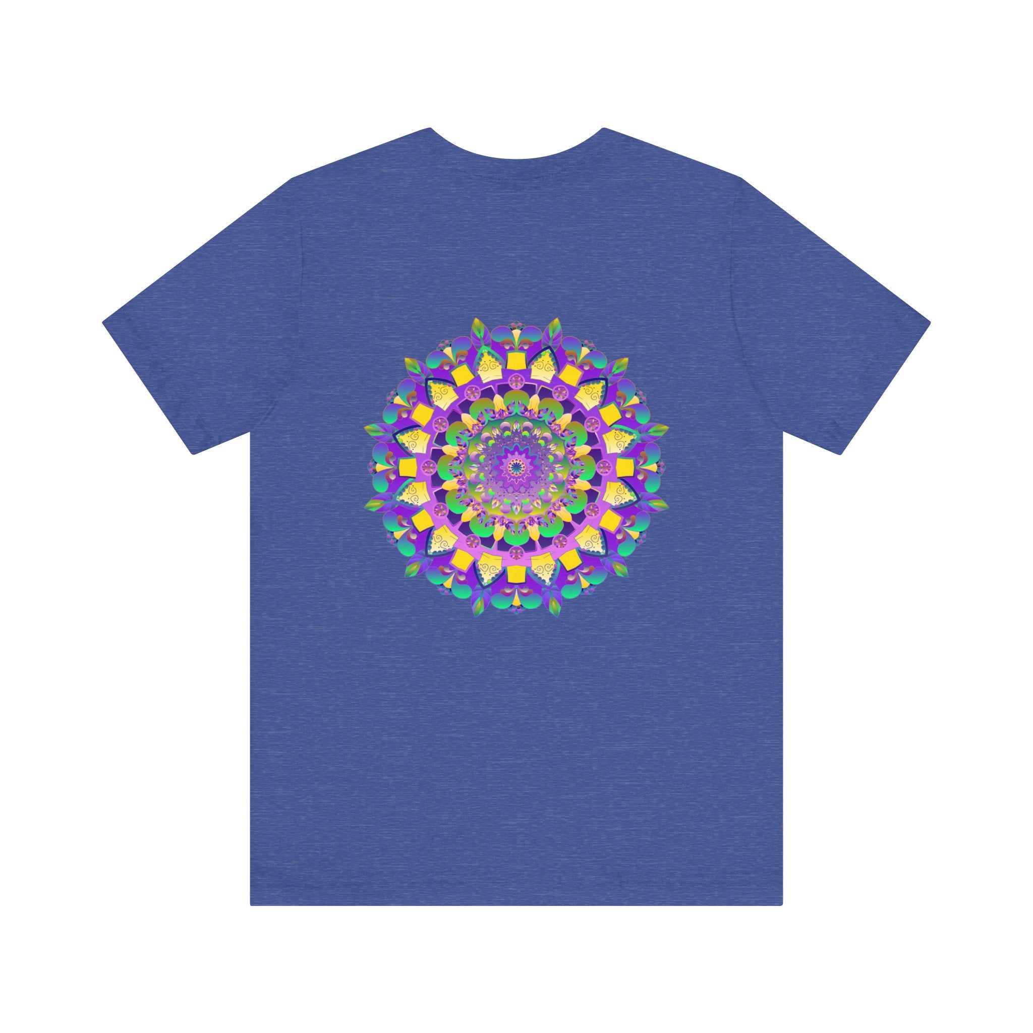 A close-up image of a vibrant mandala tee with intricate patterns, representing spiritual peace and harmony through colorful design and sacred symbolism