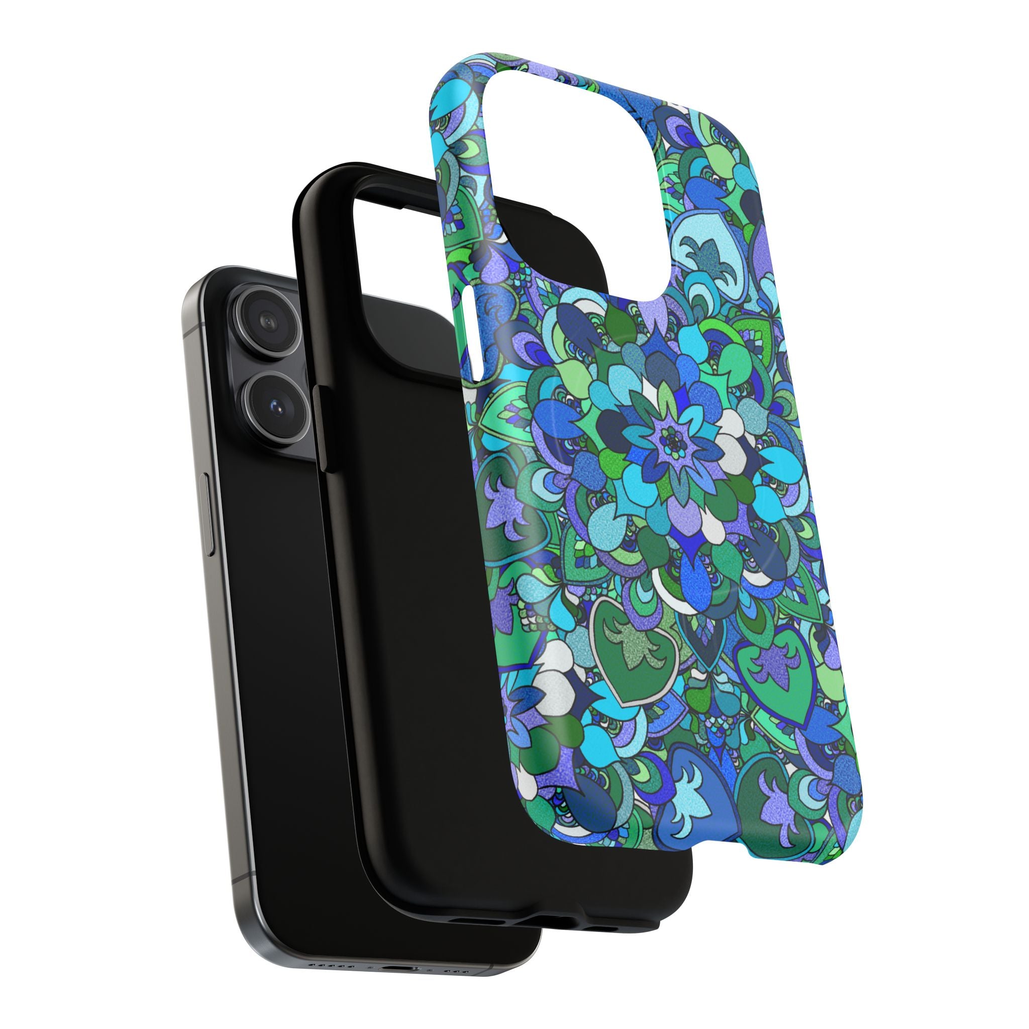 Cover Rigida Magnetica per Telefono con Mandala Floreale — Motivo Blu Verde