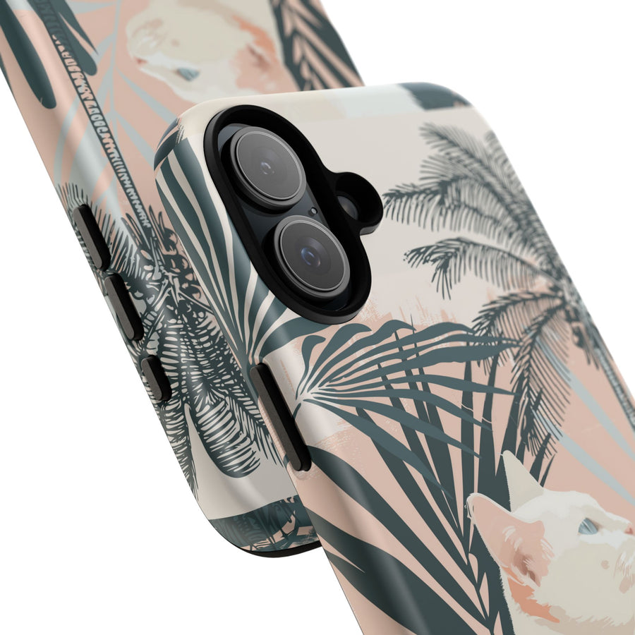Tropical Cat Phone Case with Lush Palm Motifs and Soft Pastels