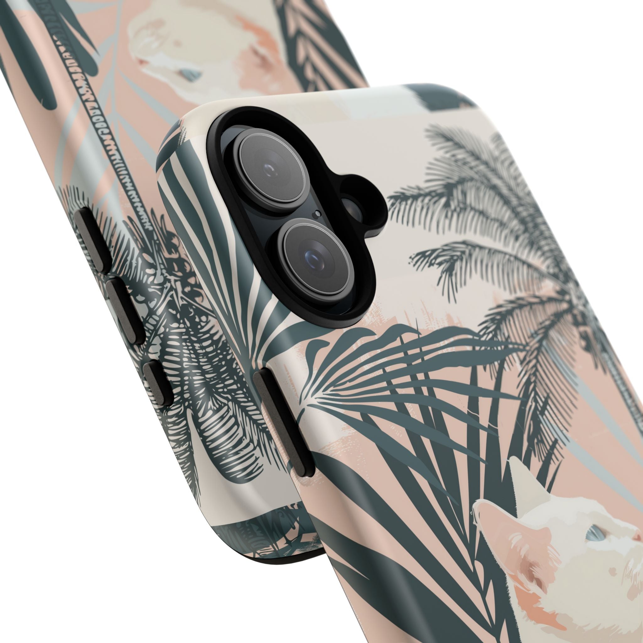 Tropical Cat Phone Case with Lush Palm Motifs and Soft Pastels