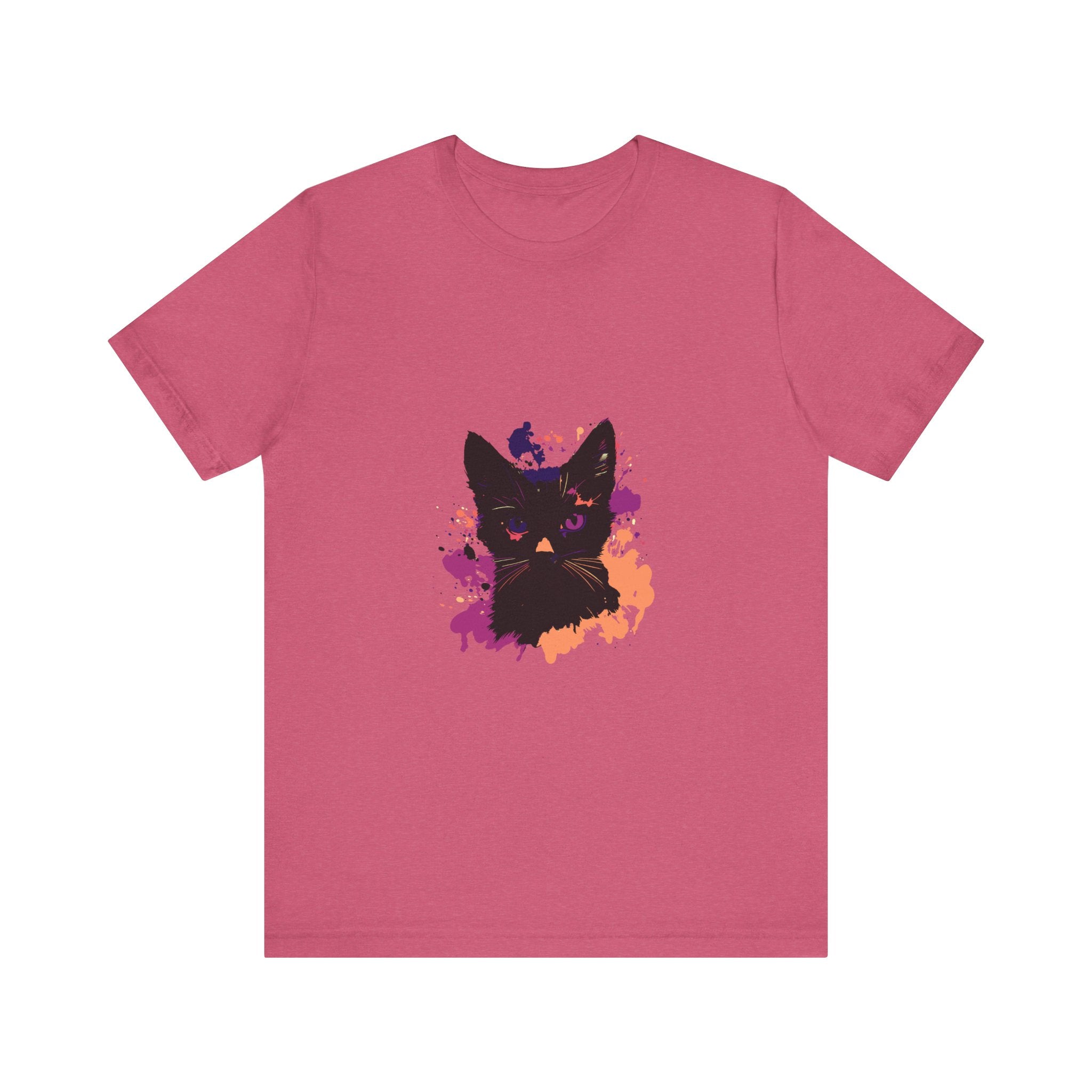 A black cat with piercing purple eyes on a mysterious t-shirt