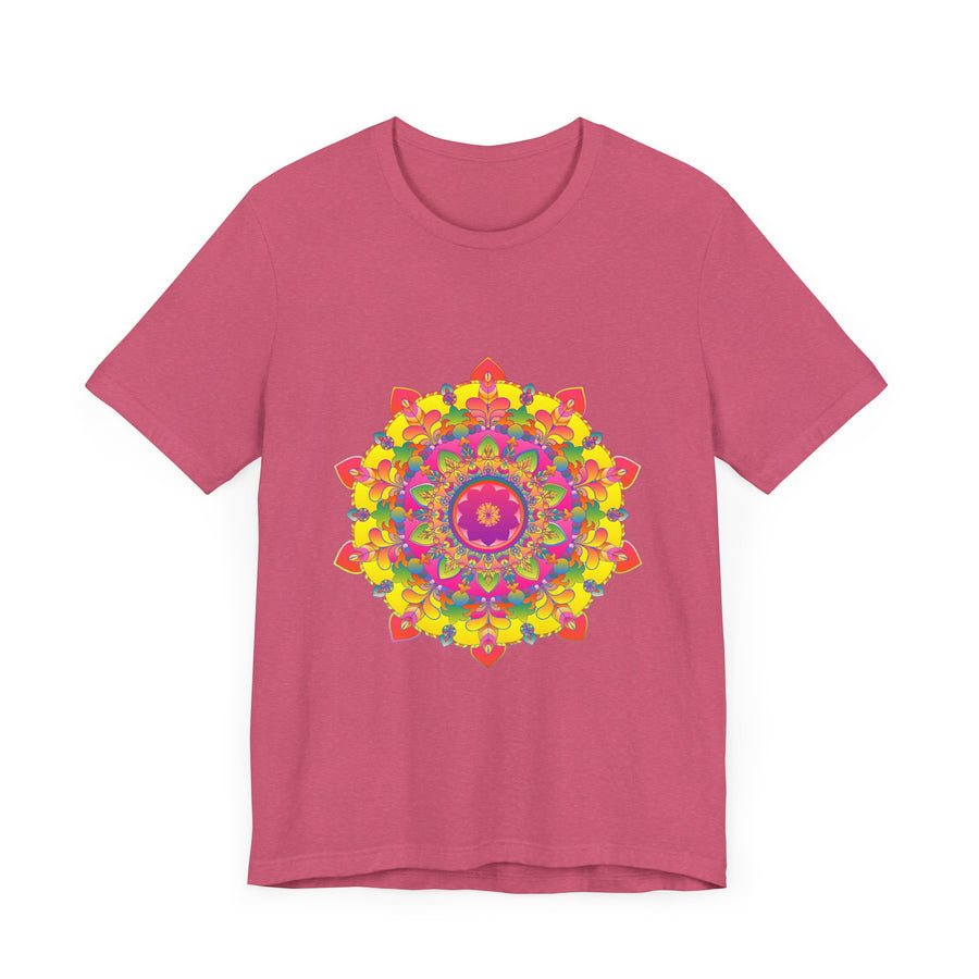 Vibrant Mandala Tee - Colorful Floral Design: A bright and intricate mandala pattern in various shades of pink, blue, and yellow, with detailed floral and leaf motifs