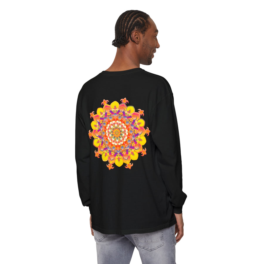 Colorful and intricately designed long sleeve t-shirt with mandala pattern for men and women