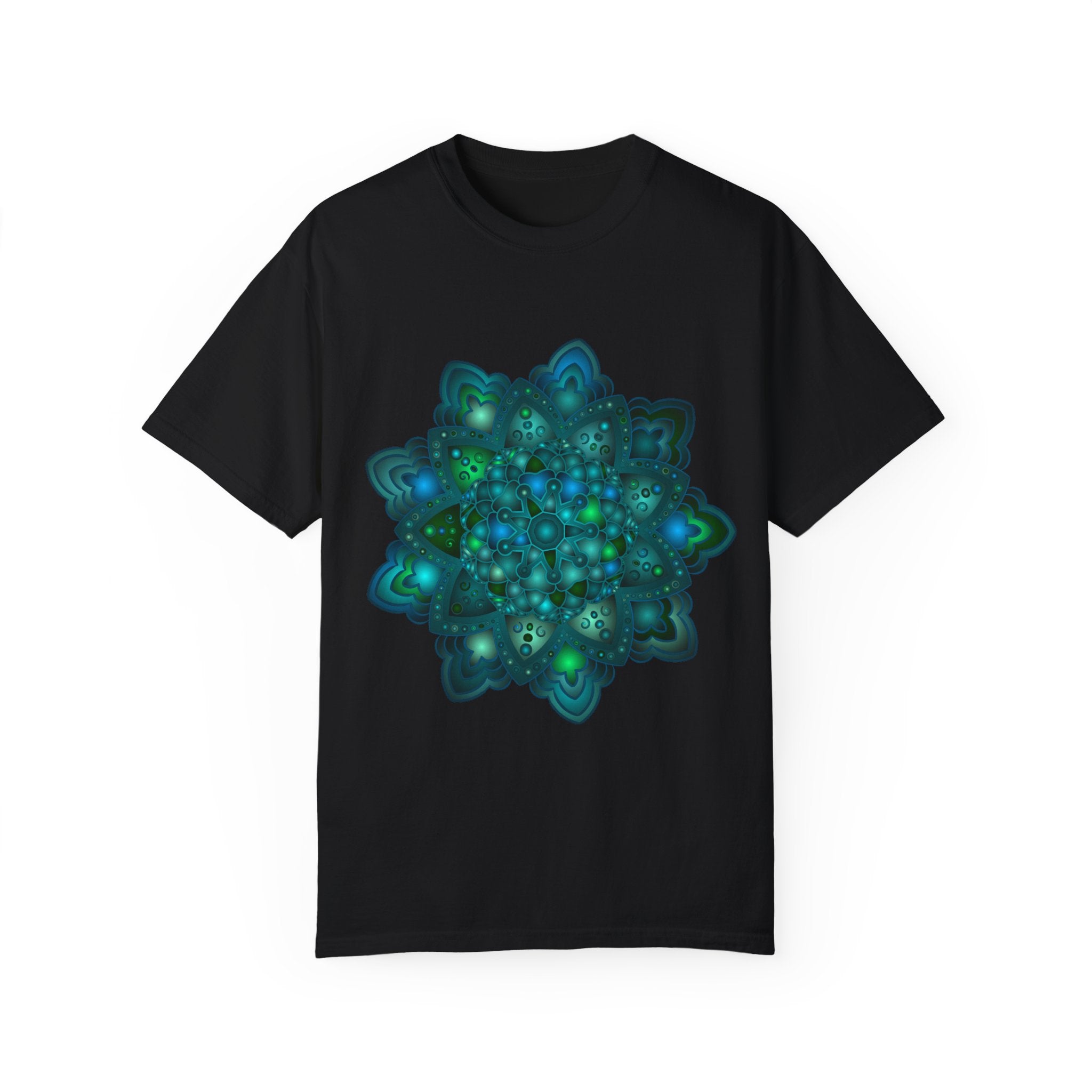 Unisex t-shirt featuring an intricate blue and green mandala design