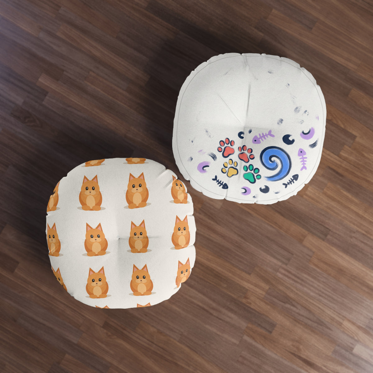 Round Tufted Floor Pillow — Cute Orange Cat Pattern, Paw & Swirl Accent