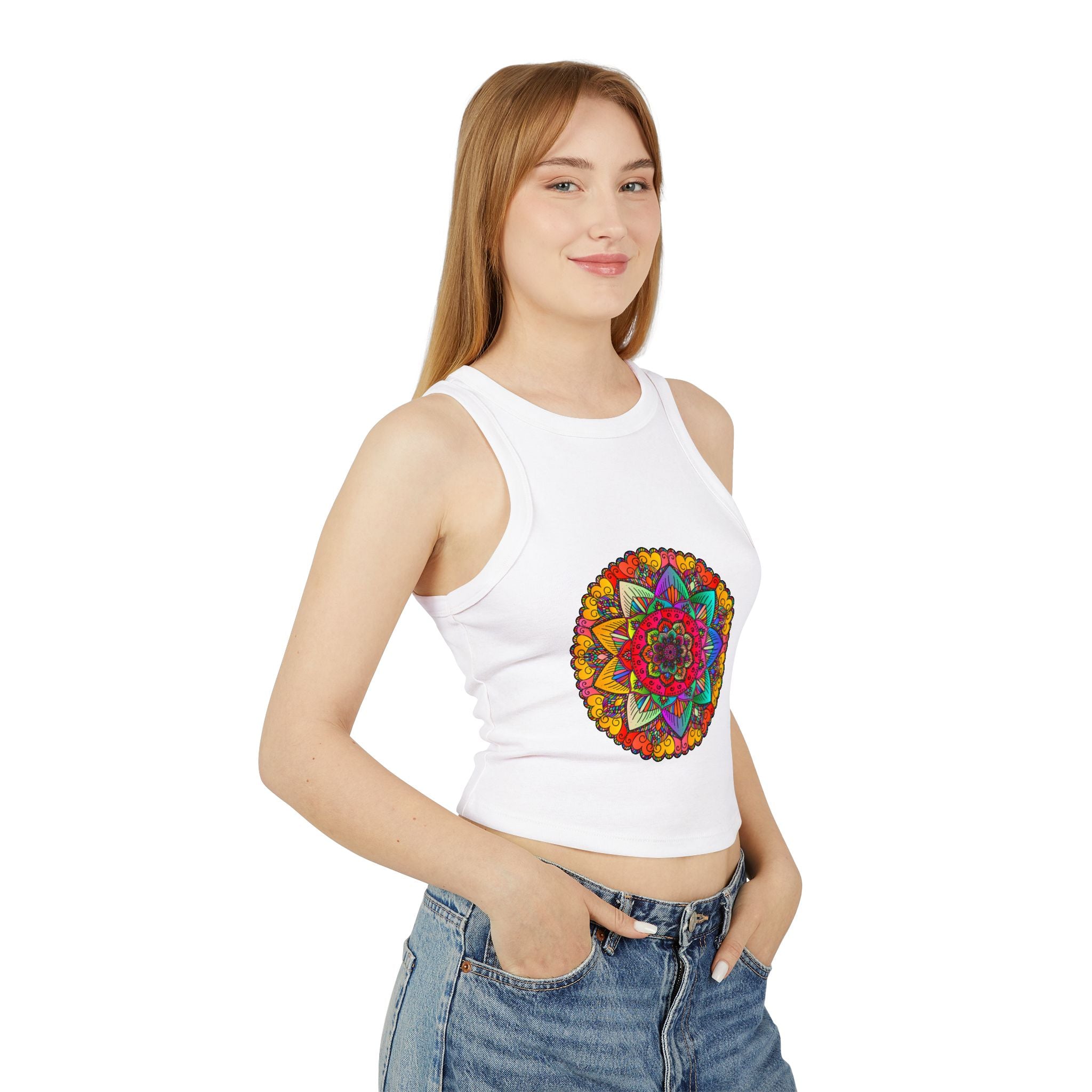 Vibrant Mandala Racerback Tank Top with a sunset background