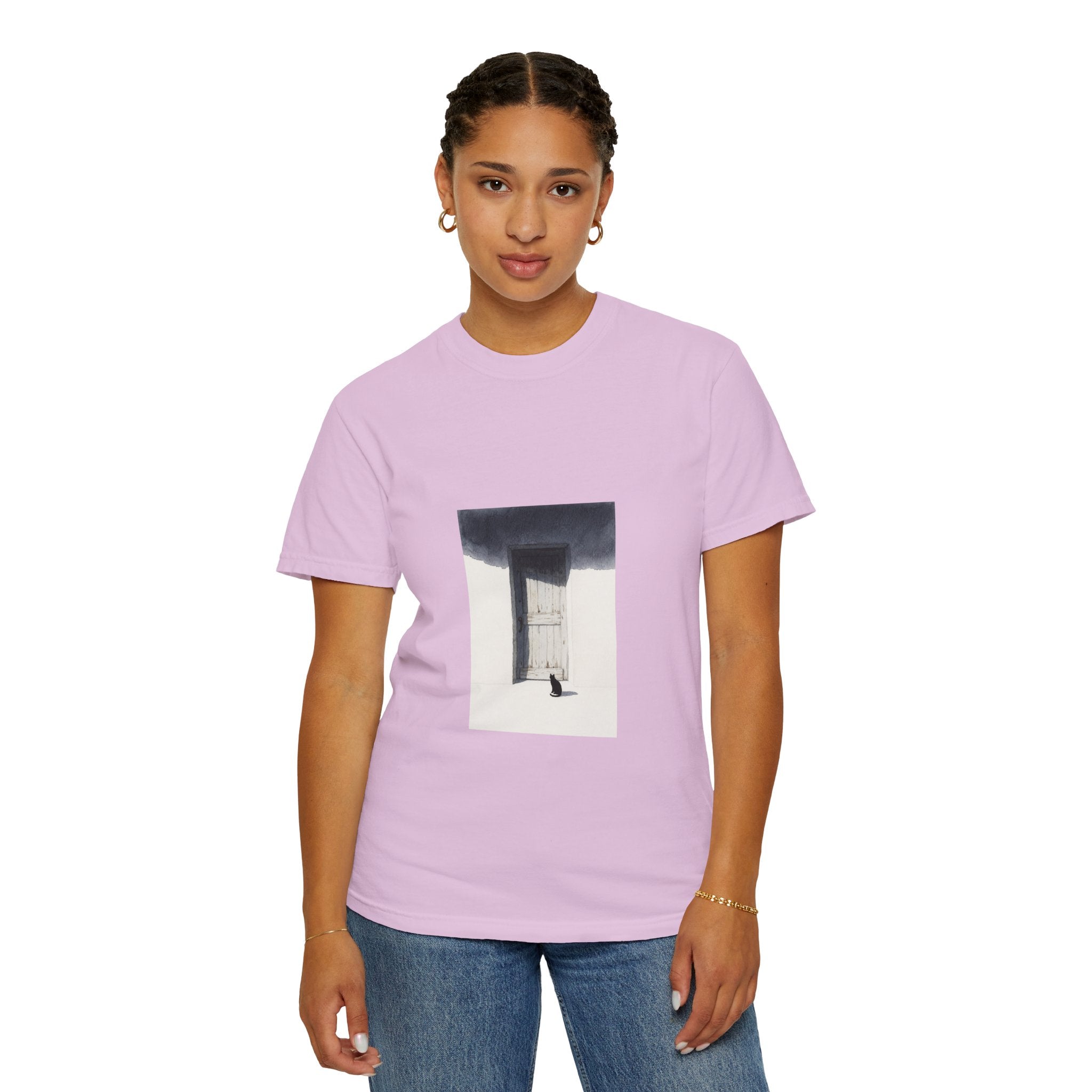 T-Shirt — Minimal Art Cat at Door Graphic Tee