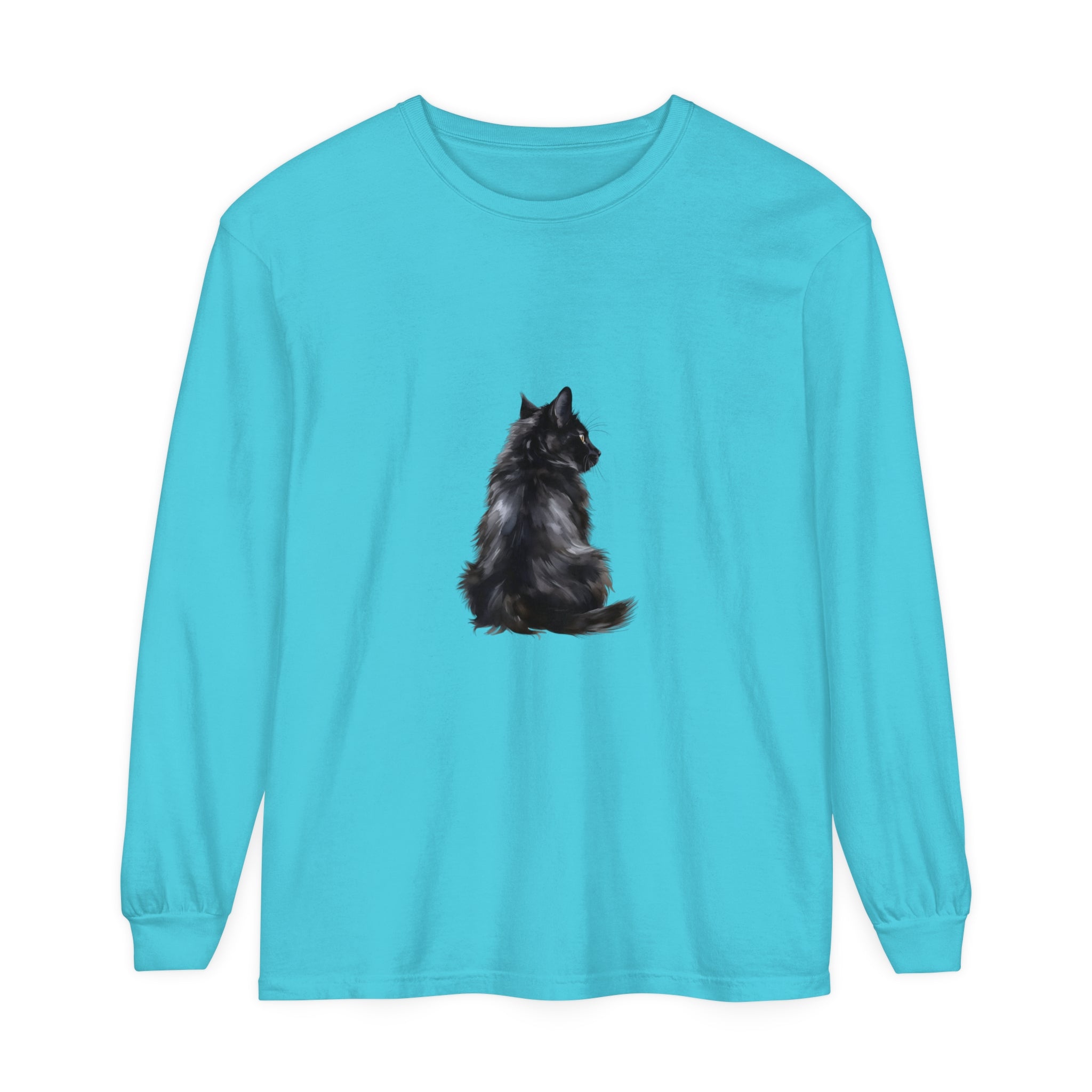 Black Cat Mystique Long Sleeve T-Shirt in black, featuring a sleek design with a mysterious black cat graphic on the front