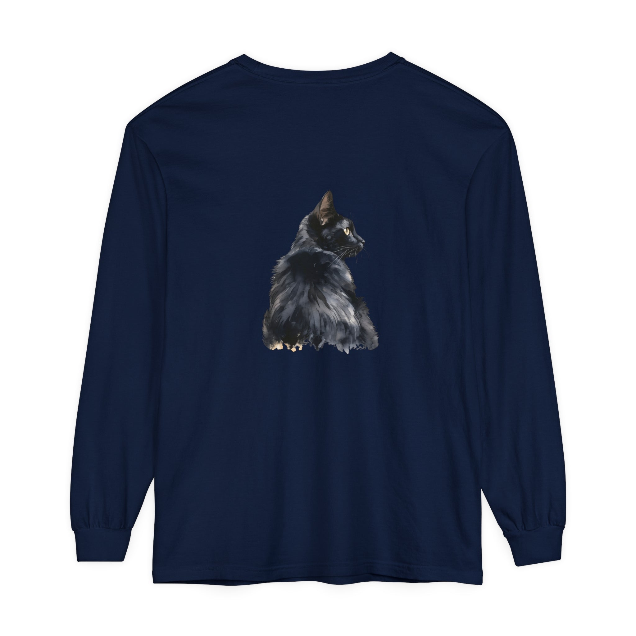 Black Cat Watercolor Long Sleeve T-Shirt featuring a realistic watercolor design of a black cat on a comfortable long sleeve shirt