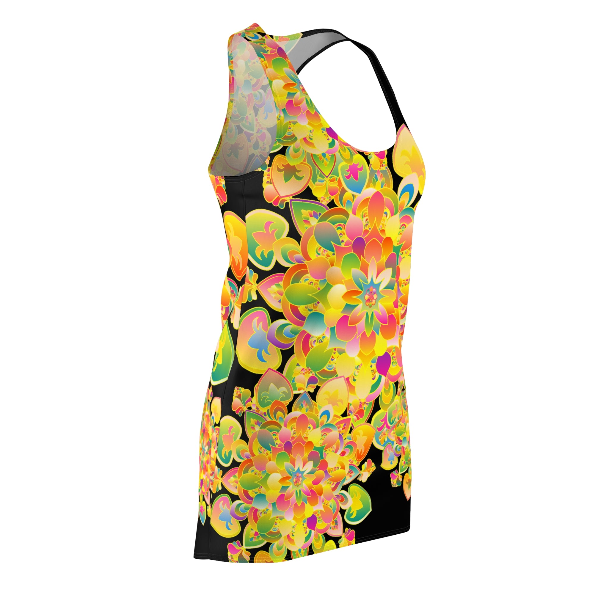 Abito con schiena incrociata Floral Radiance — Stampa integrale con mandala giallo vibrante