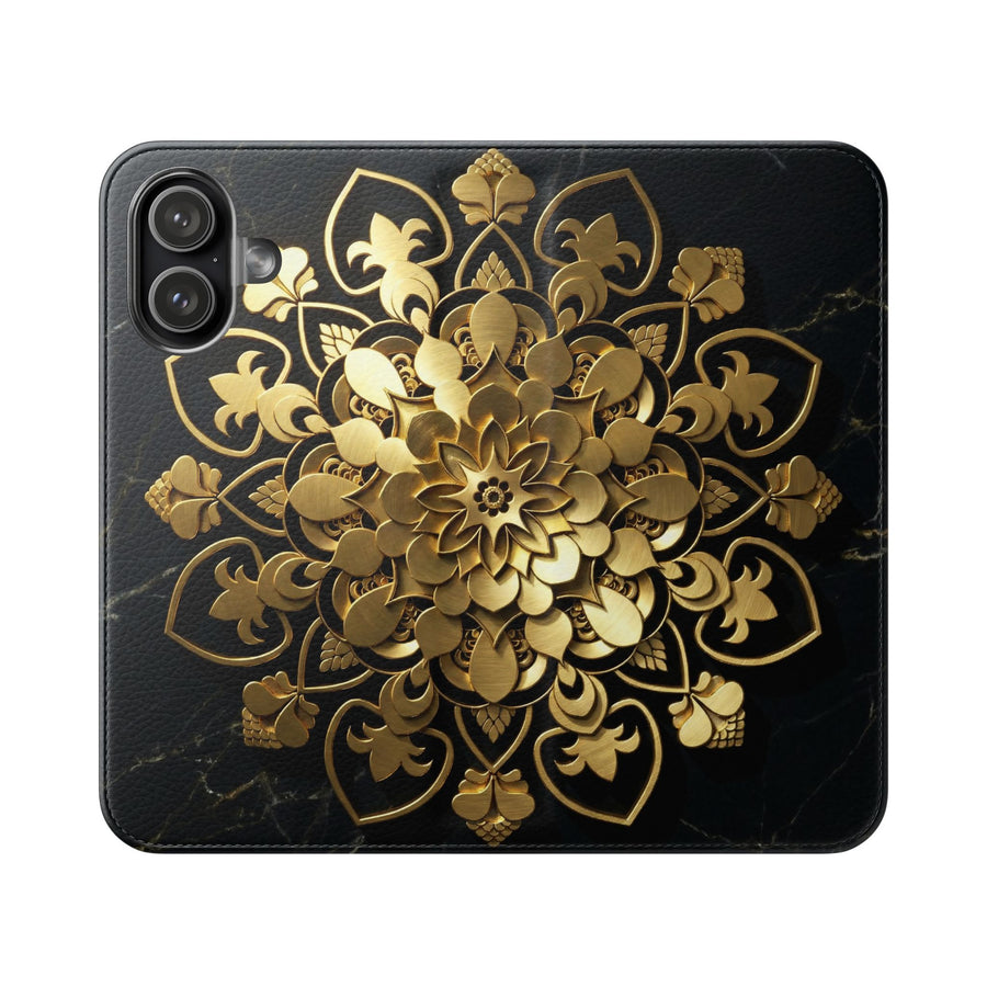 Goldene Mandala-Klapphülle – Luxuriöses Blumen-Portemonnaie-Cover