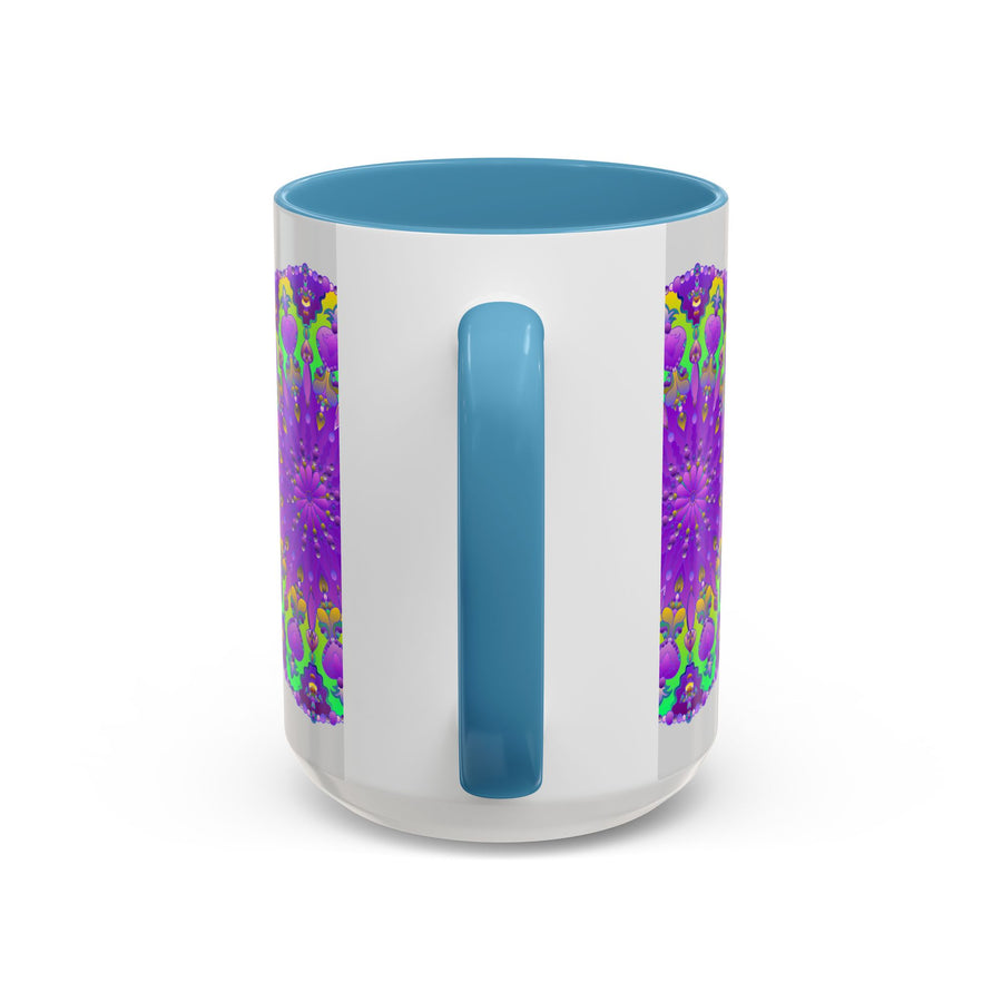 Beautiful purple mandala design adorns a vibrant art mug set against a grey background