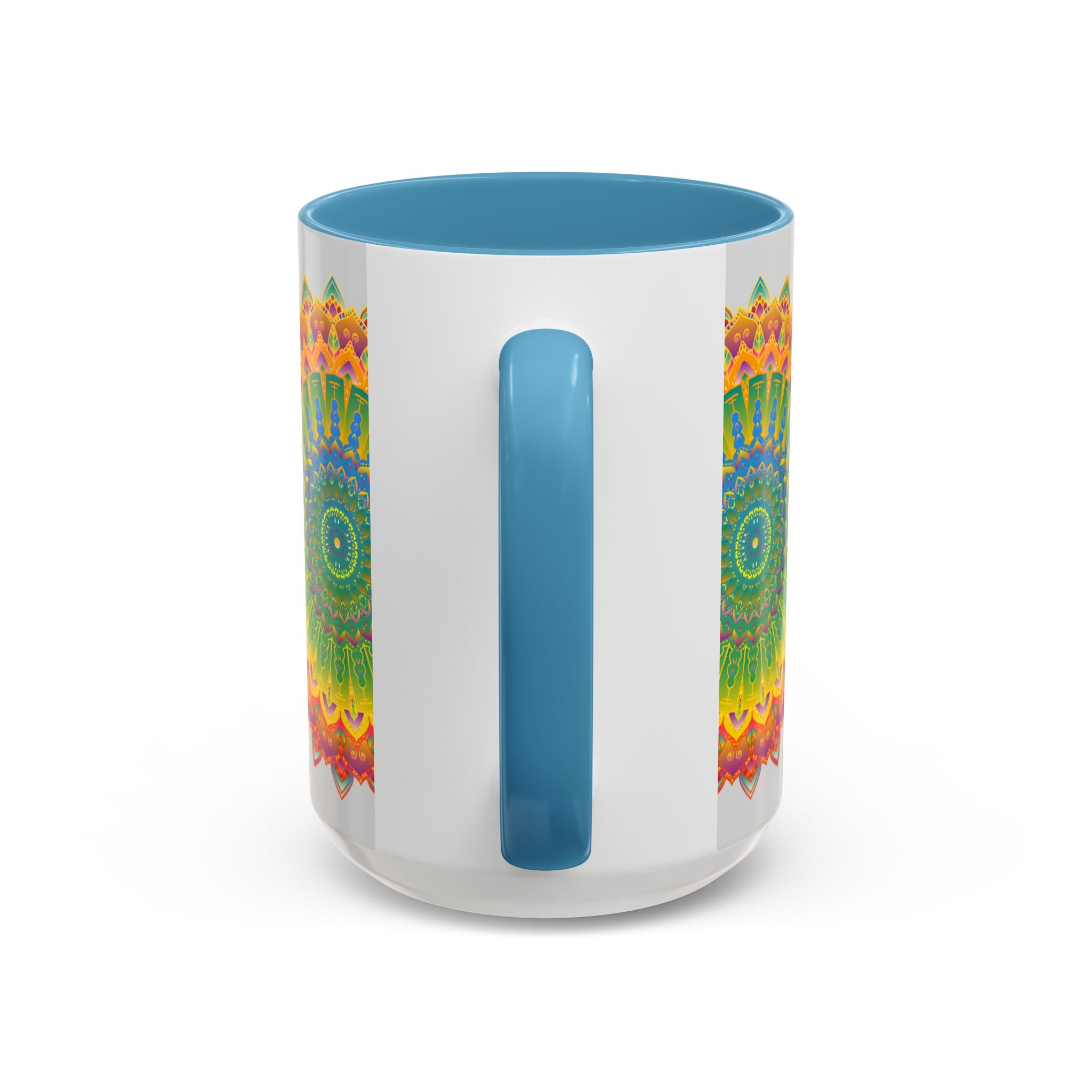 Intricately designed mandala art printed on a vibrant cup