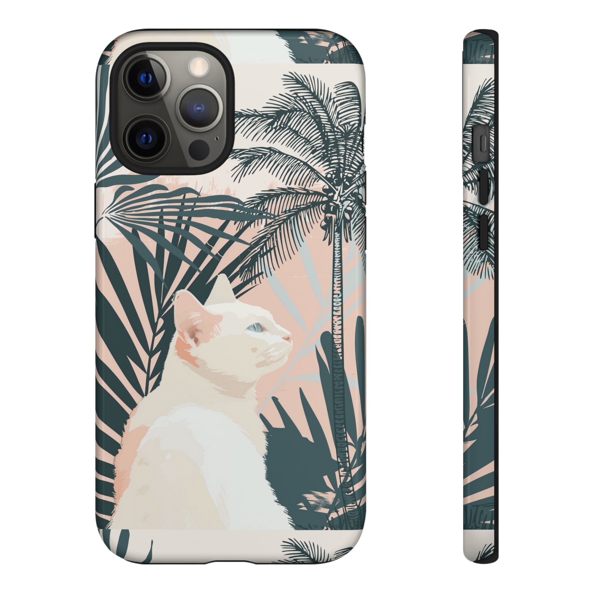 Tropical Cat Phone Case with Lush Palm Motifs and Soft Pastels