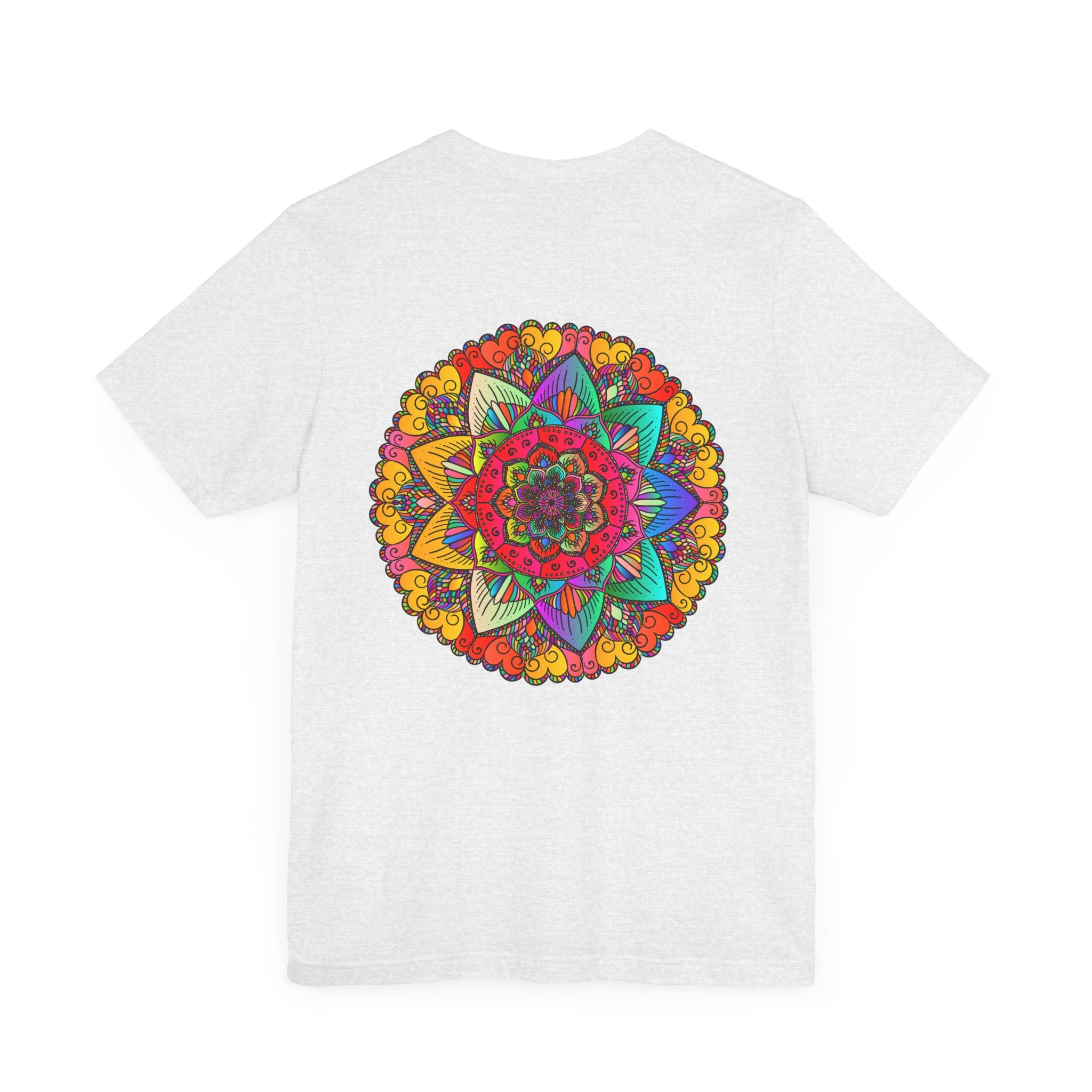 Close-up of Mandala Peace & Harmony T-Shirt with vibrant colors and spiritual symbols