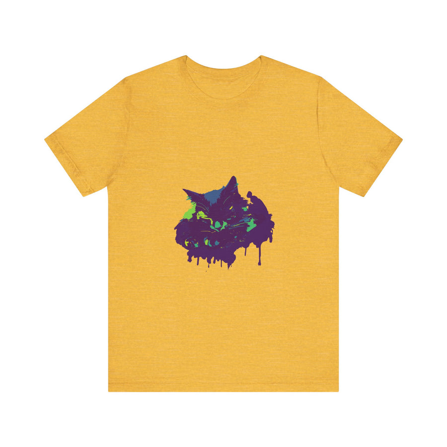 A close-up image of a black t-shirt with a colorful paint splatter design, featuring a mysterious black cat motif