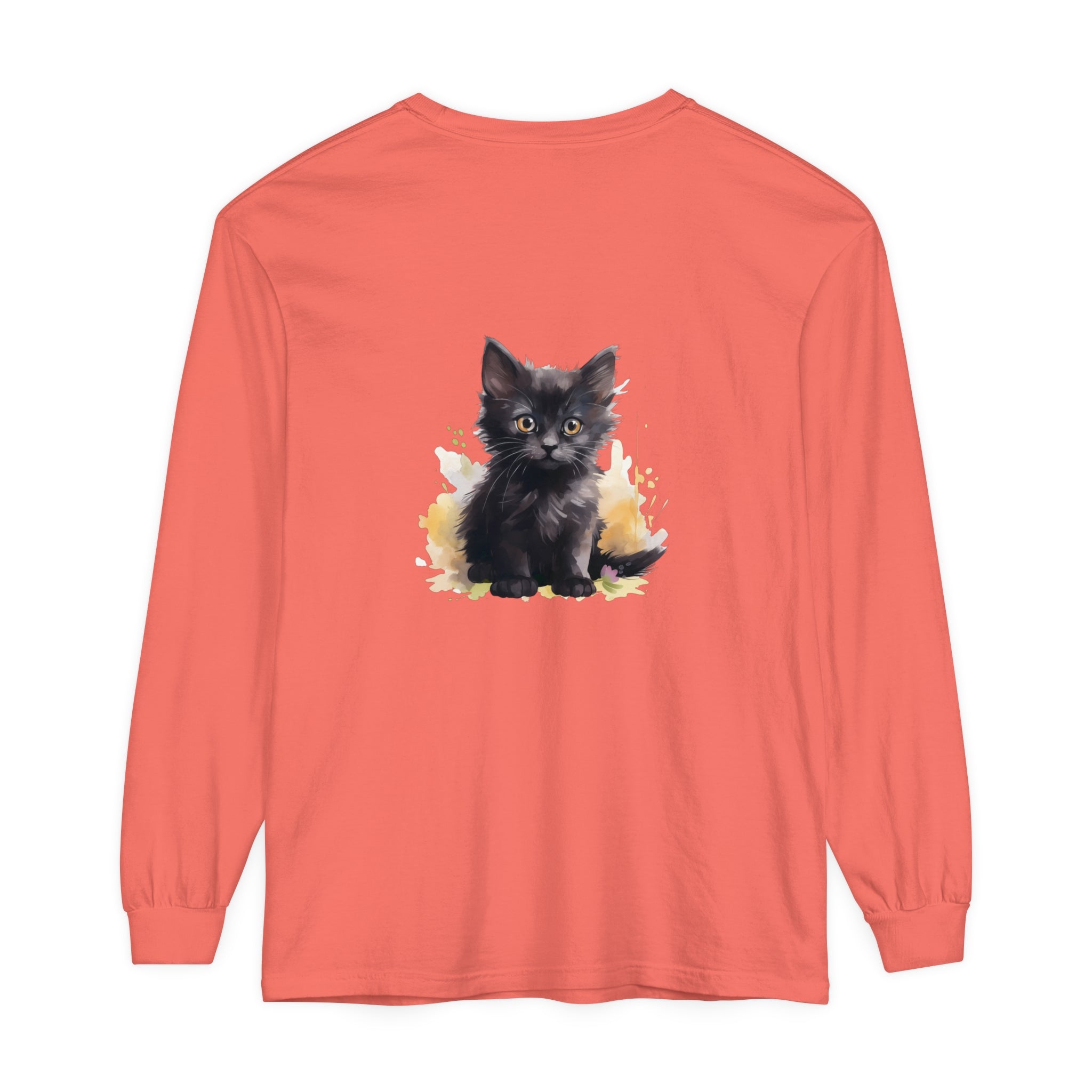 A vibrant black kitten watercolor splash t-shirt with a playful design