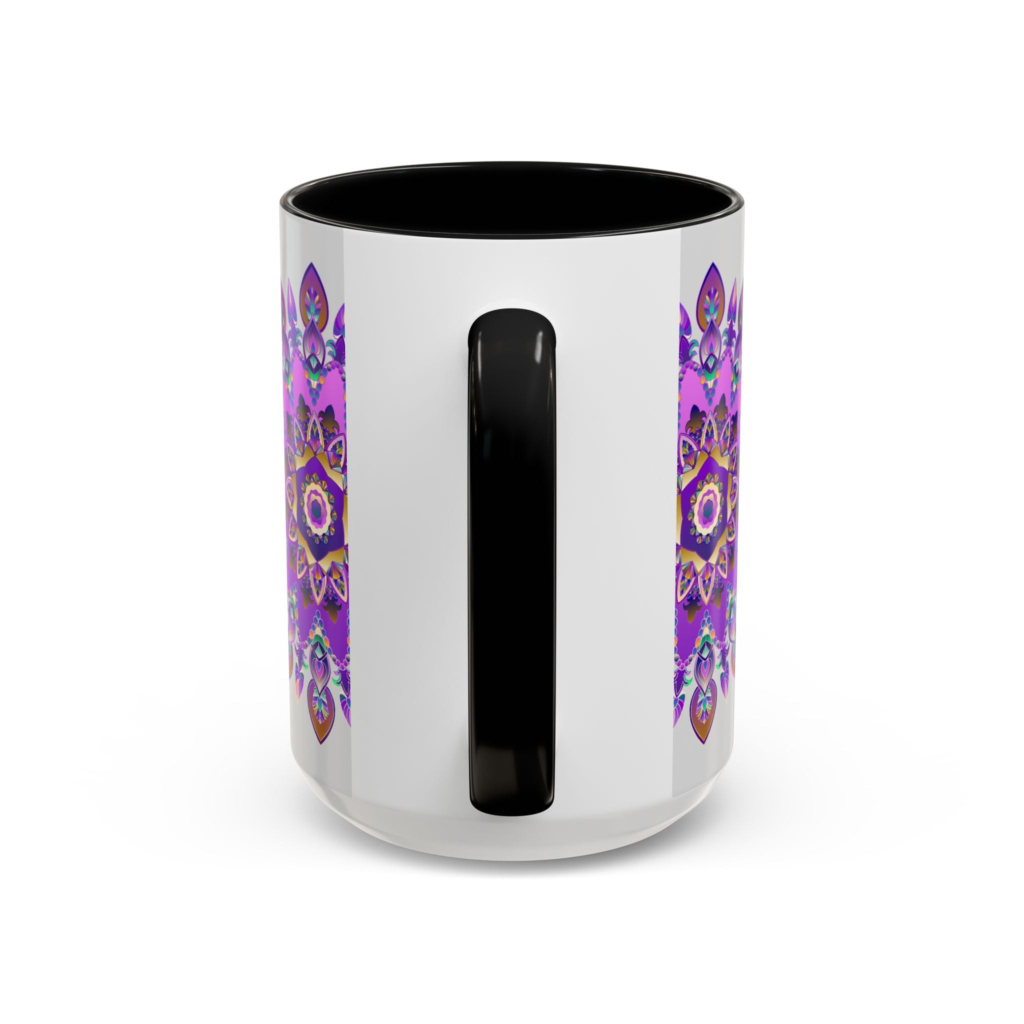 Stylish ceramic cup featuring a captivating purple and gold mandala motif