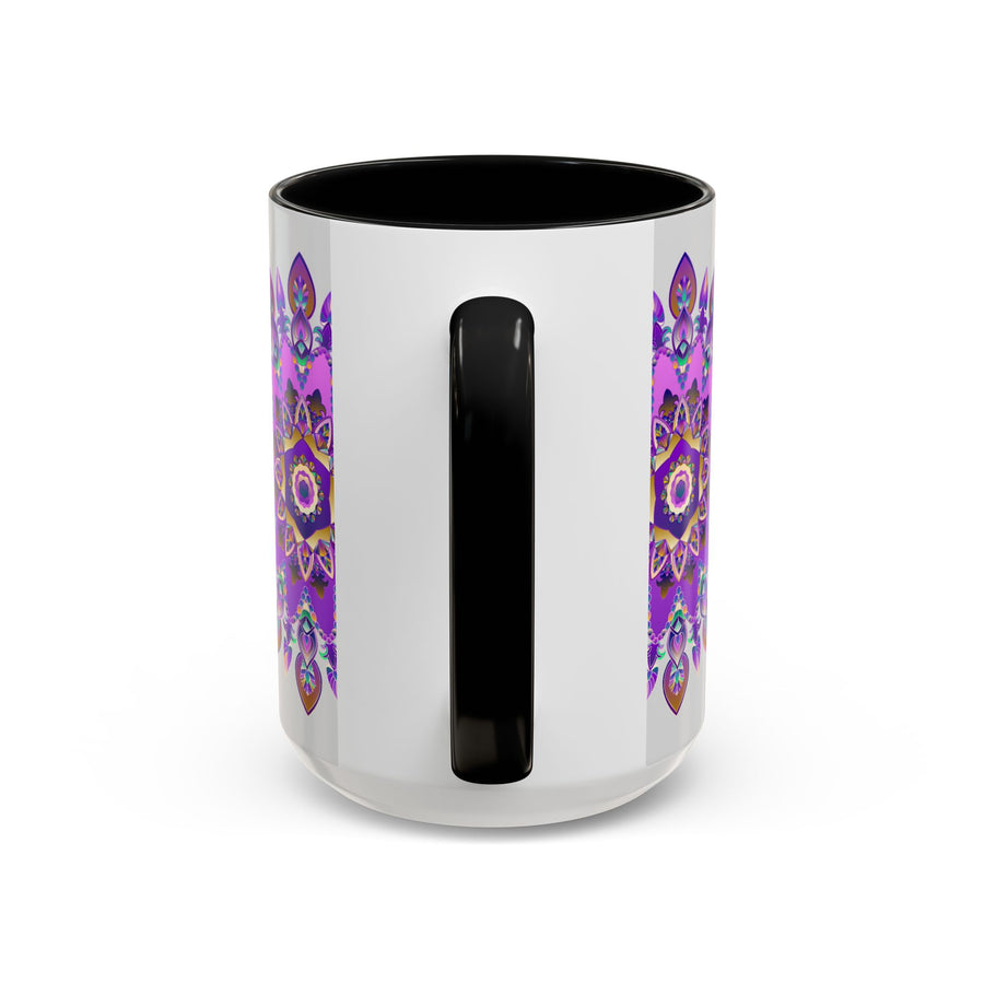 Stylish ceramic cup featuring a captivating purple and gold mandala motif