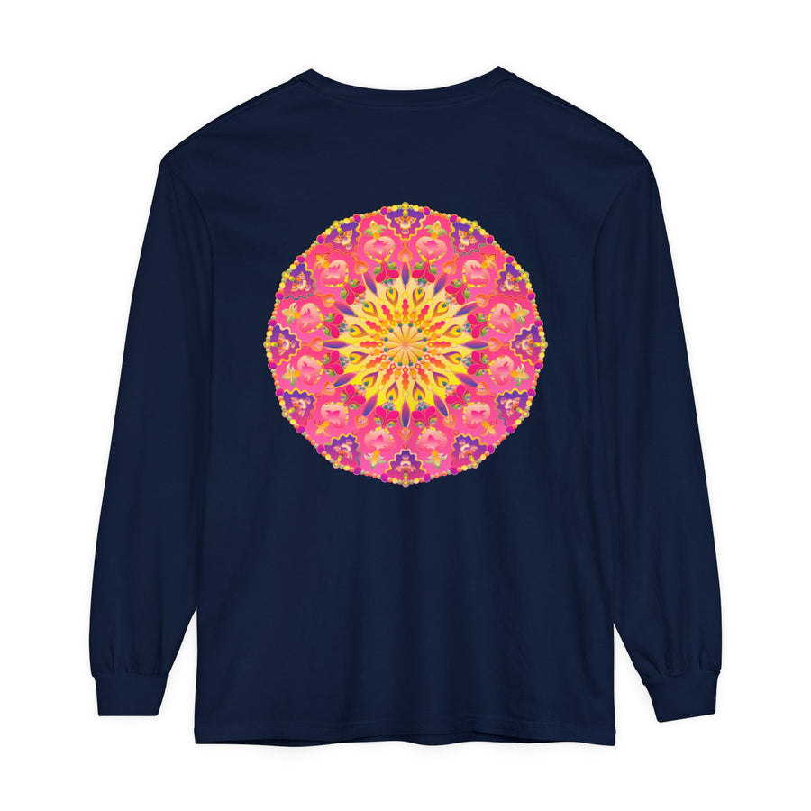 Colorful, intricately designed long sleeve t-shirt with vibrant mandala pattern for men and women