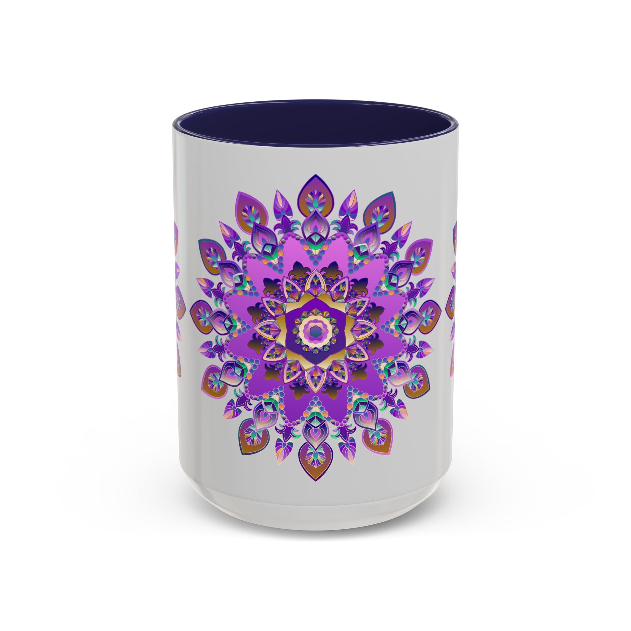 Charming cup showcasing a hand-painted purple and gold mandala design