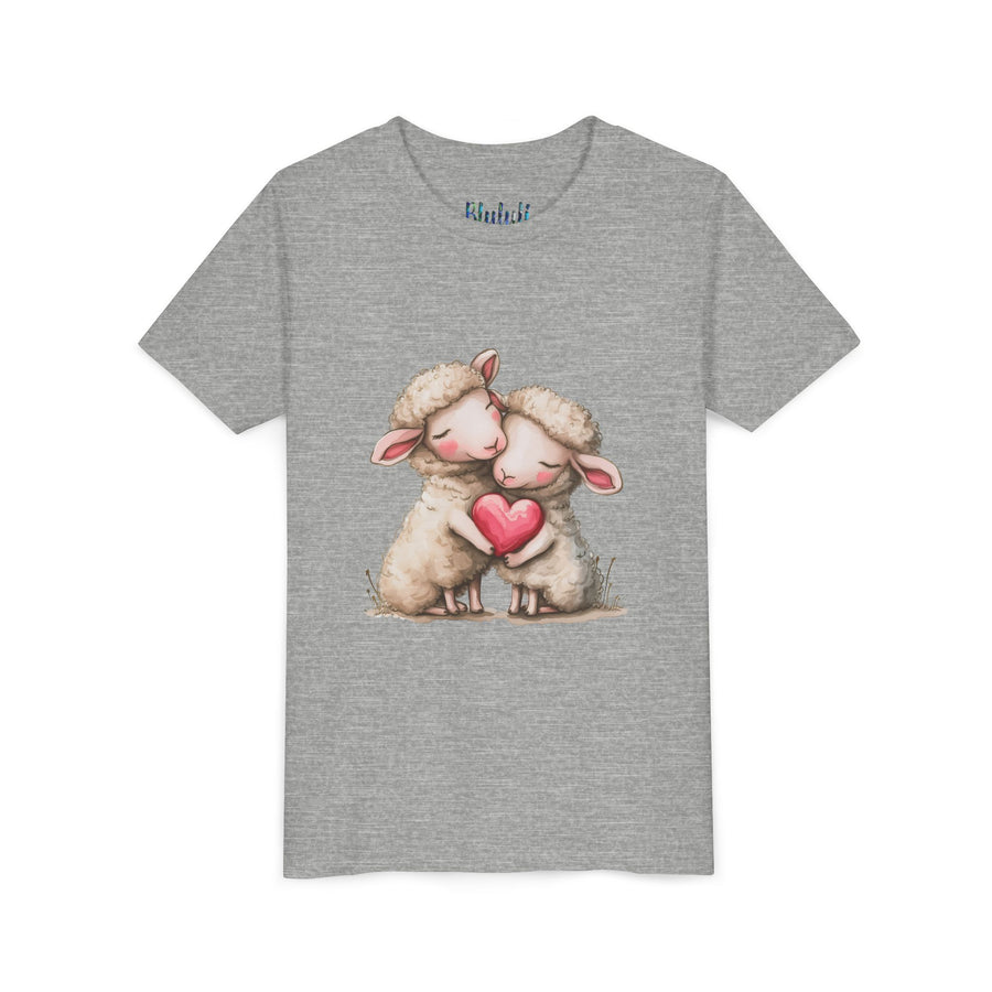 Youth Tee - Cartoon Sheeps Hugging Heart, Cute and Lovely Design