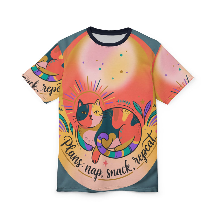 T-Shirt „Katze Sonne & Schatten“ – „Nickerchen, Snack, Wiederholung“