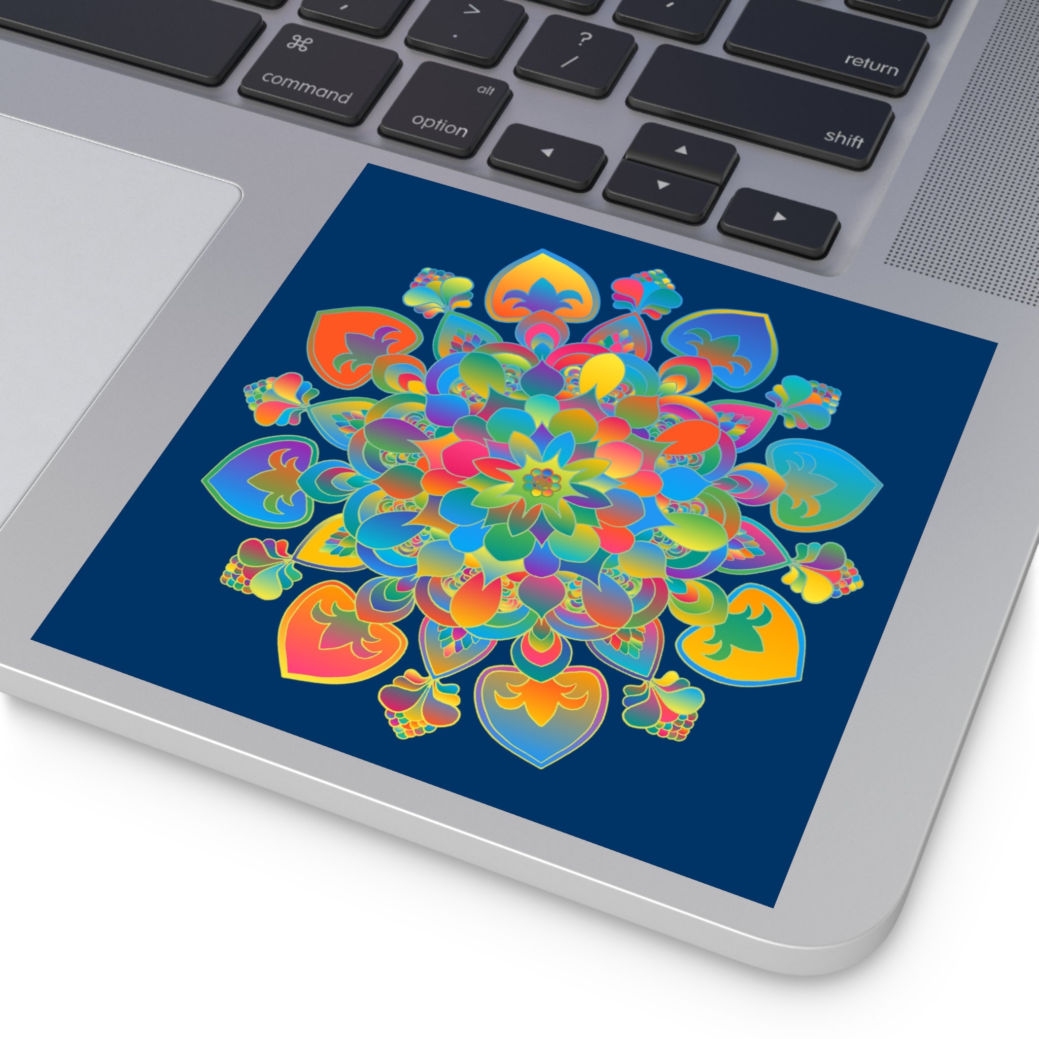 Adesivi laminati mandala disegnati a mano: oro, rosso e verde su blu reale