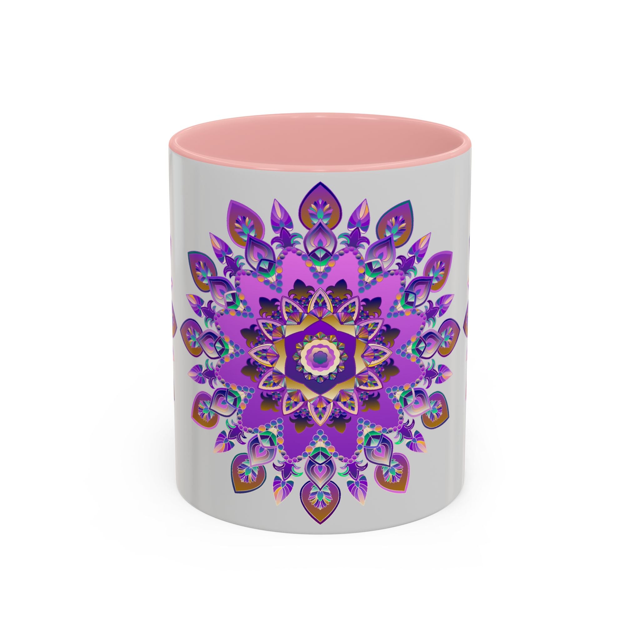 Stunning ceramic mug featuring a vibrant purple and gold mandala