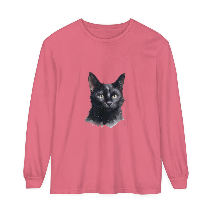 Black Cat Watercolor long sleeve unisex t-shirt with vibrant watercolor design