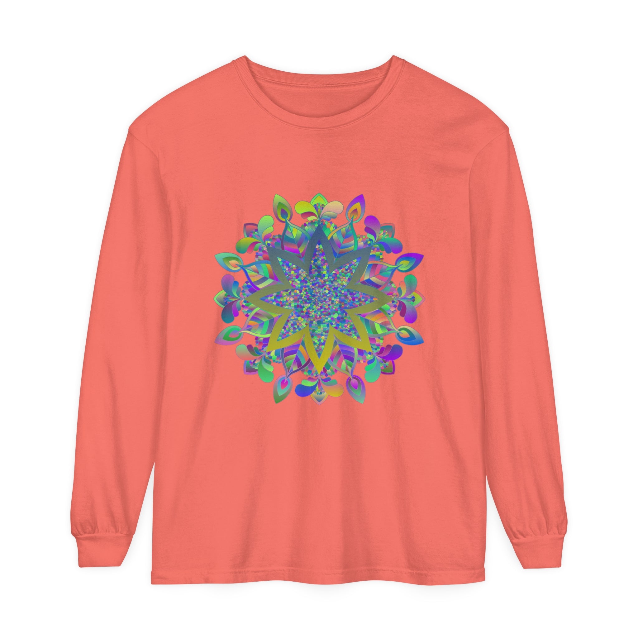 Vibrant and intricate mandala design on a unisex long sleeve t-shirt