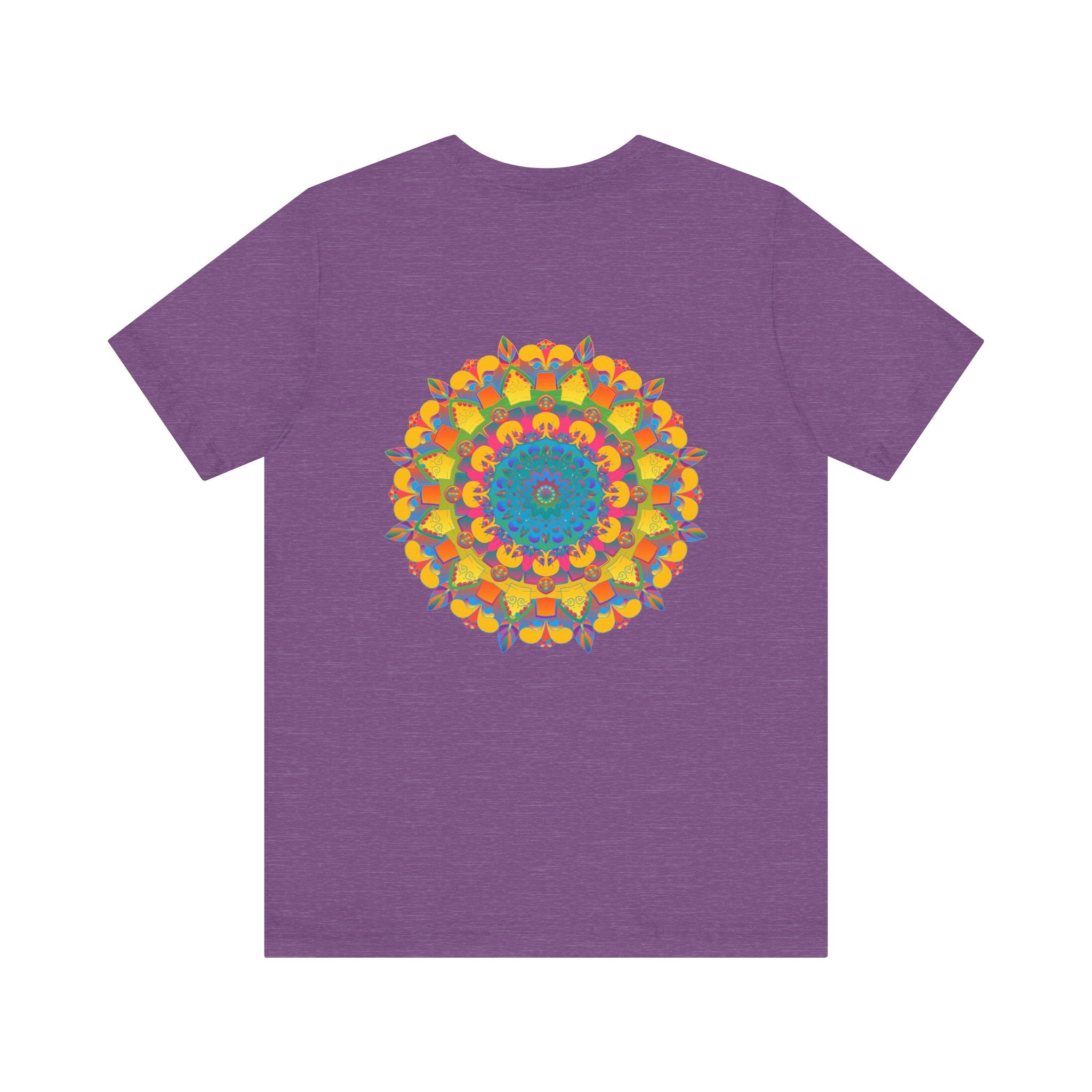 A colorful and intricate mandala design featuring symbols of peace and harmony on a vibrant t-shirt