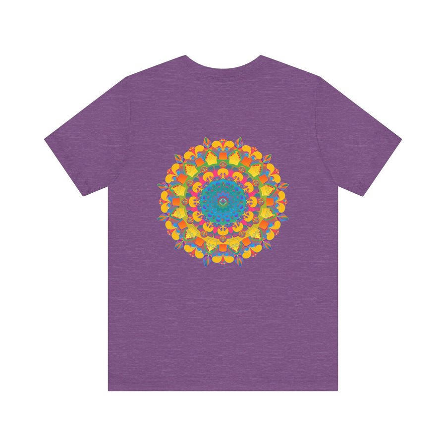 A colorful and intricate mandala design featuring symbols of peace and harmony on a vibrant t-shirt