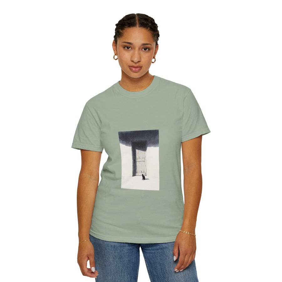T-Shirt — Minimal Art Cat at Door Graphic Tee