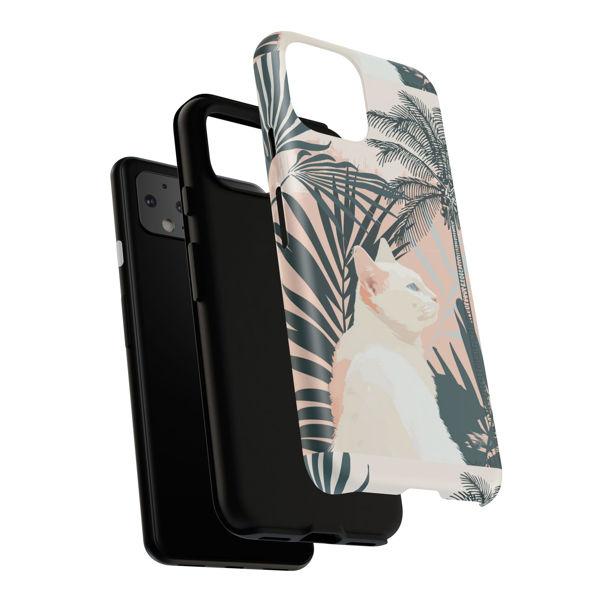 Tropical Cat Phone Case with Lush Palm Motifs and Soft Pastels