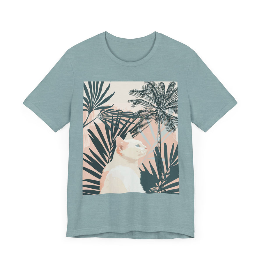 Cute white cat tee with a fashionable palm leaf print