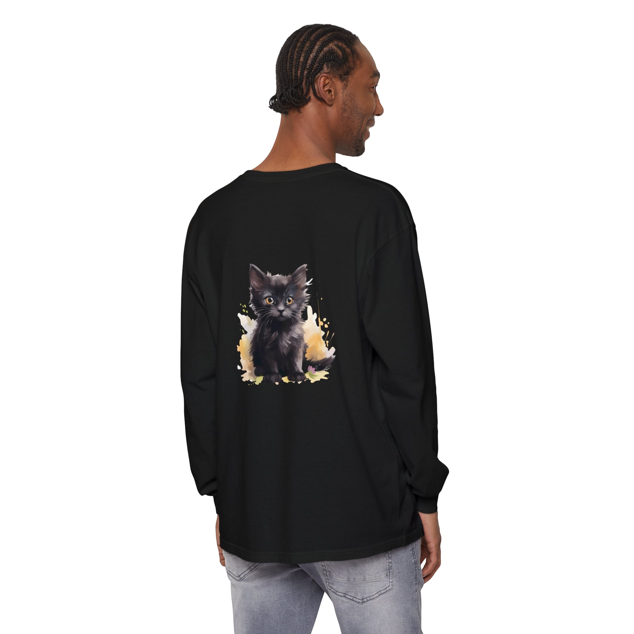 Black Kitten Watercolor Splash T-Shirt featuring a playful kitten surrounded by vibrant watercolor splashes, perfect for cat lovers and art enthusiasts