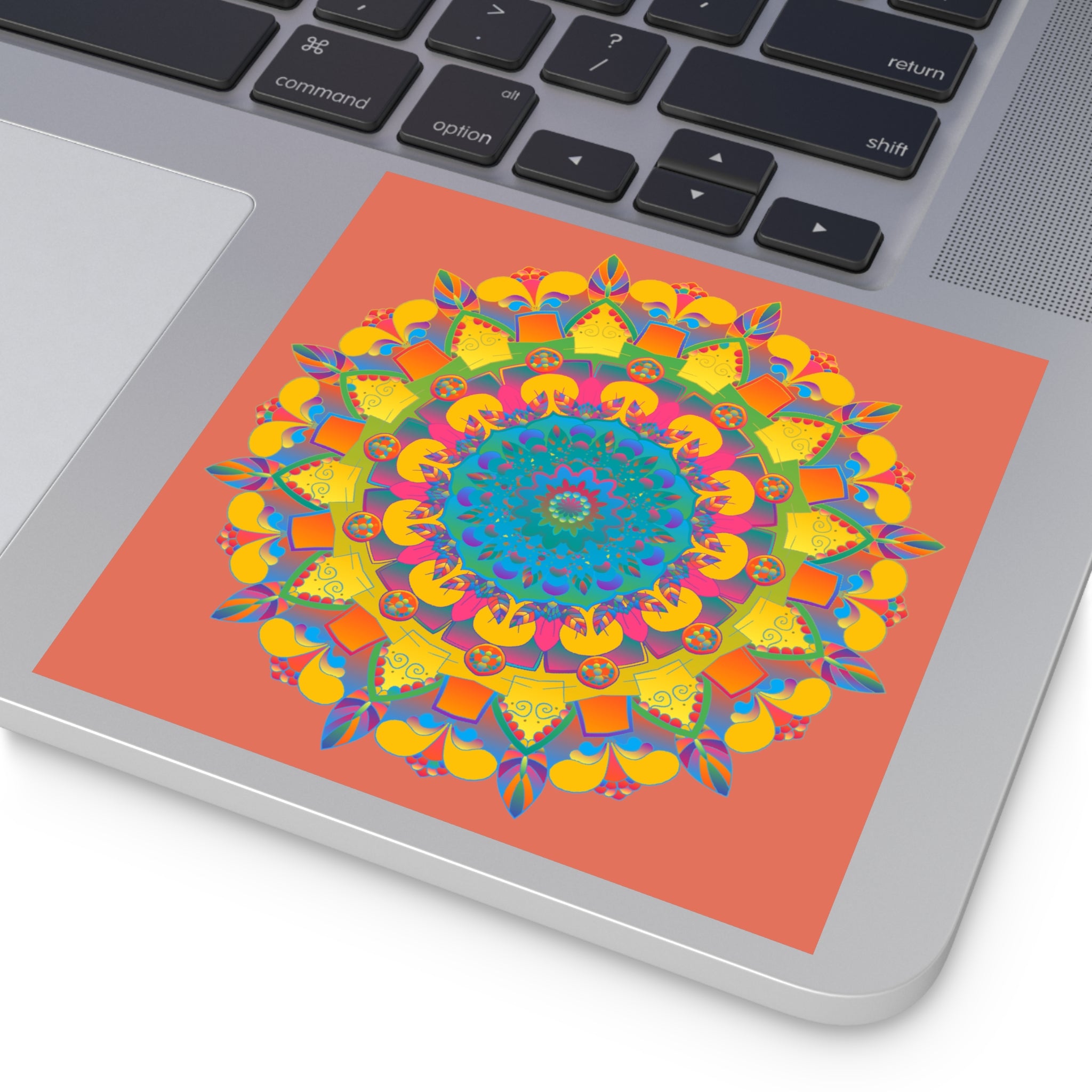 Handgezeichnete Mandala-Laminieraufkleber – Gold, Rot und Grün auf Terrakotta