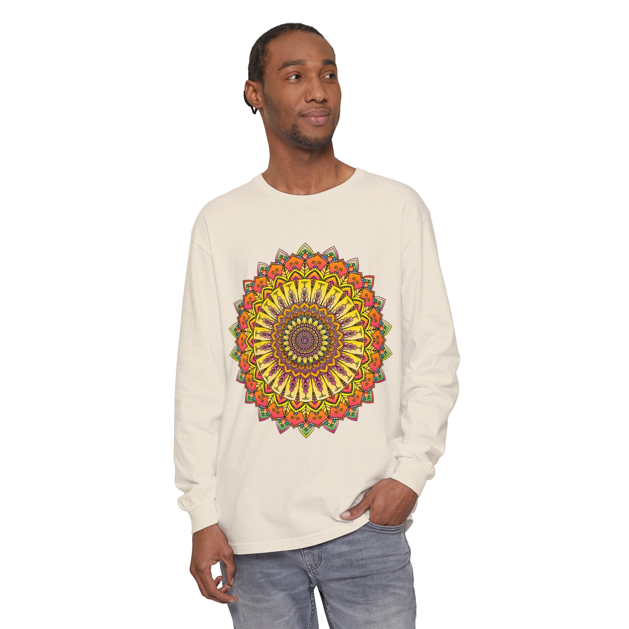 A detailed and colorful mandala design long sleeve t-shirt for everyone