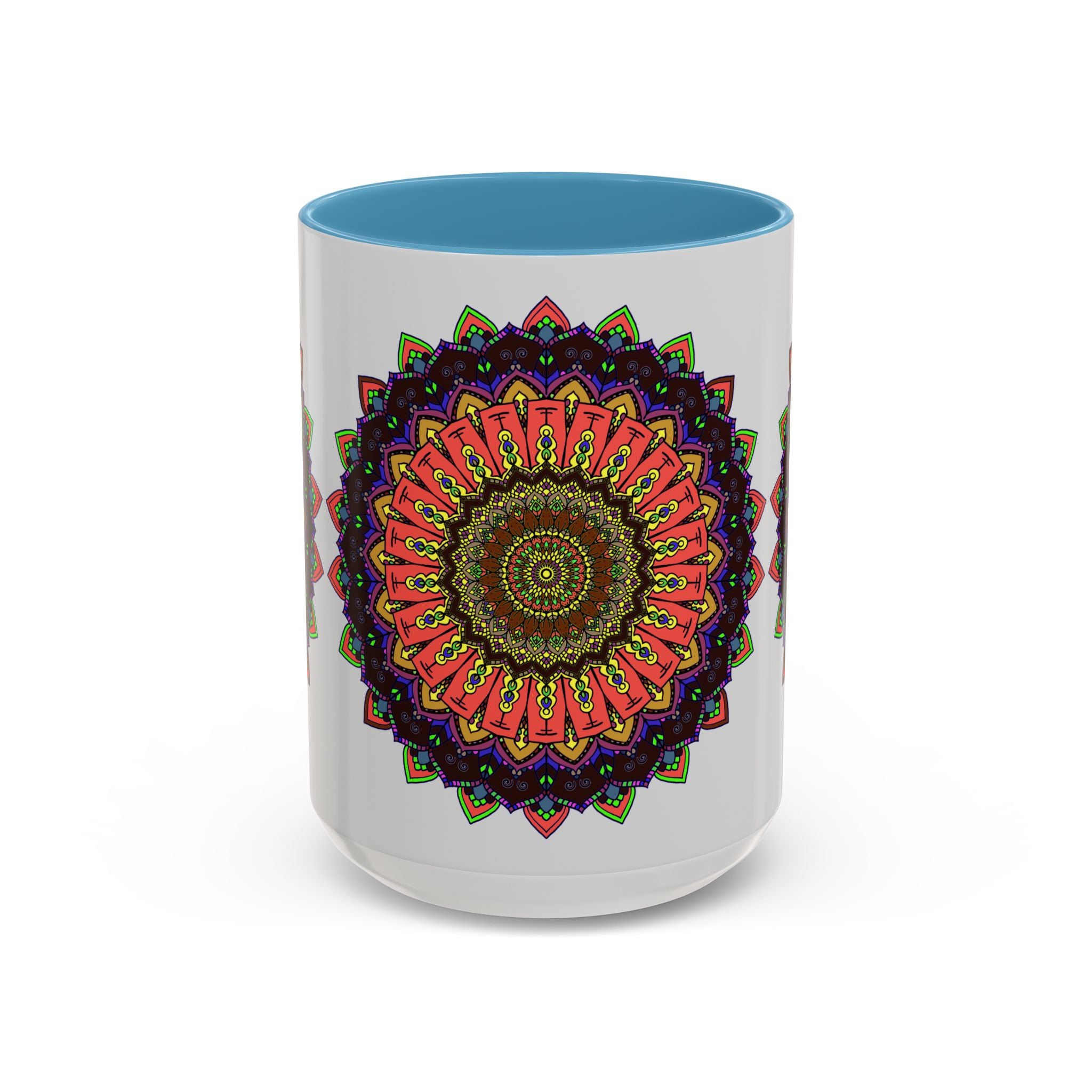 Colorful spiritual mandala art printed on a high-quality ceramic mug