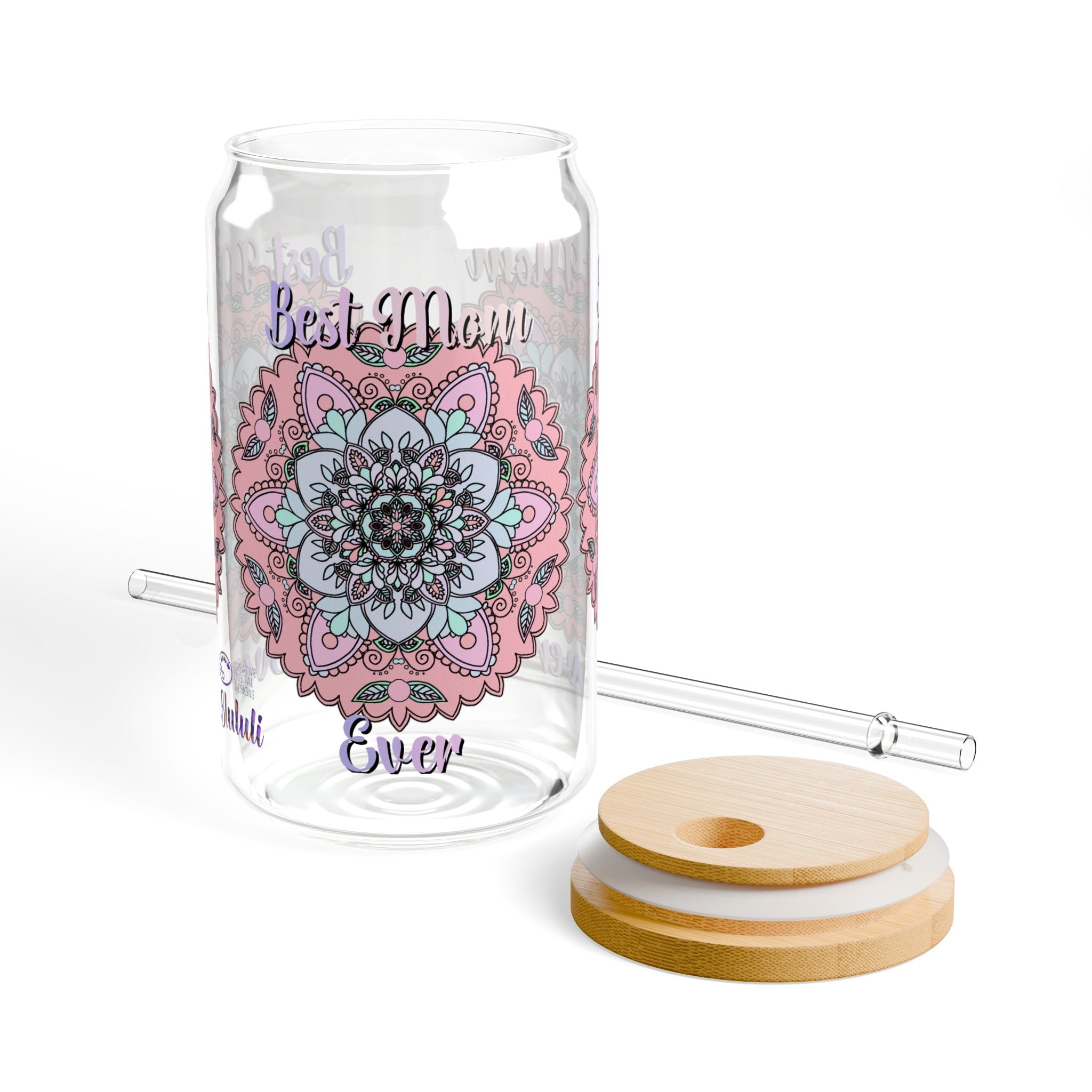 Mandala 'Best Mom Ever' 16oz Sipper Glass with Bamboo Lid