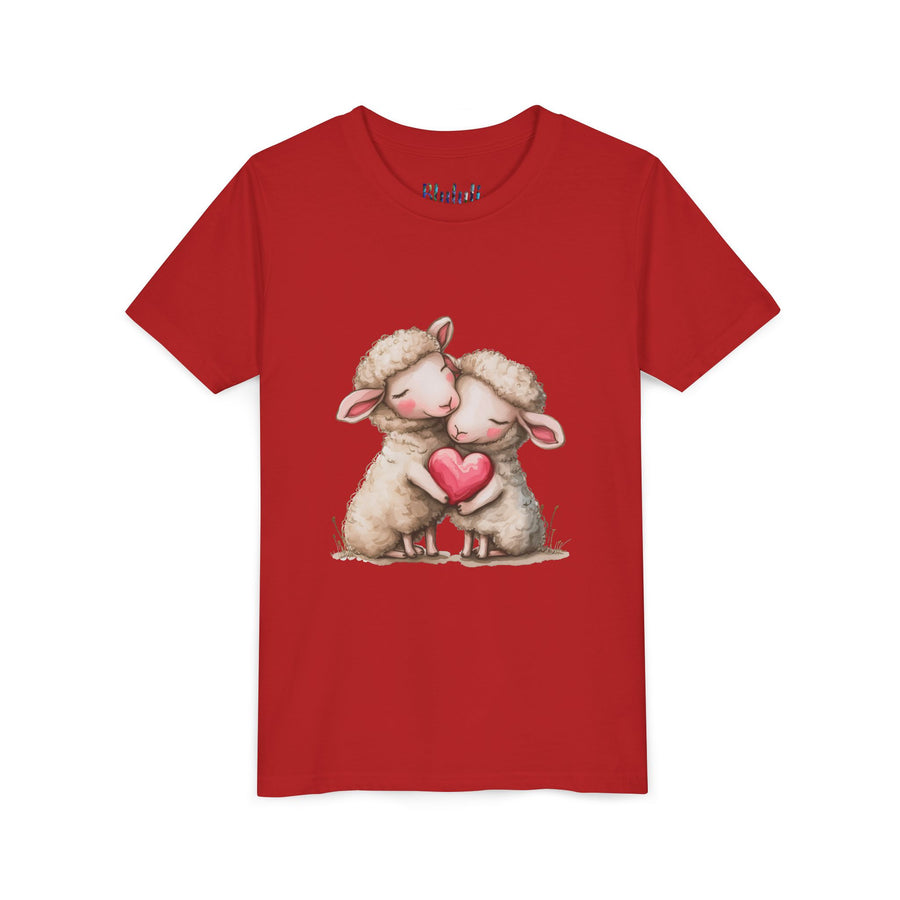 Youth Tee - Cartoon Sheeps Hugging Heart, Cute and Lovely Design