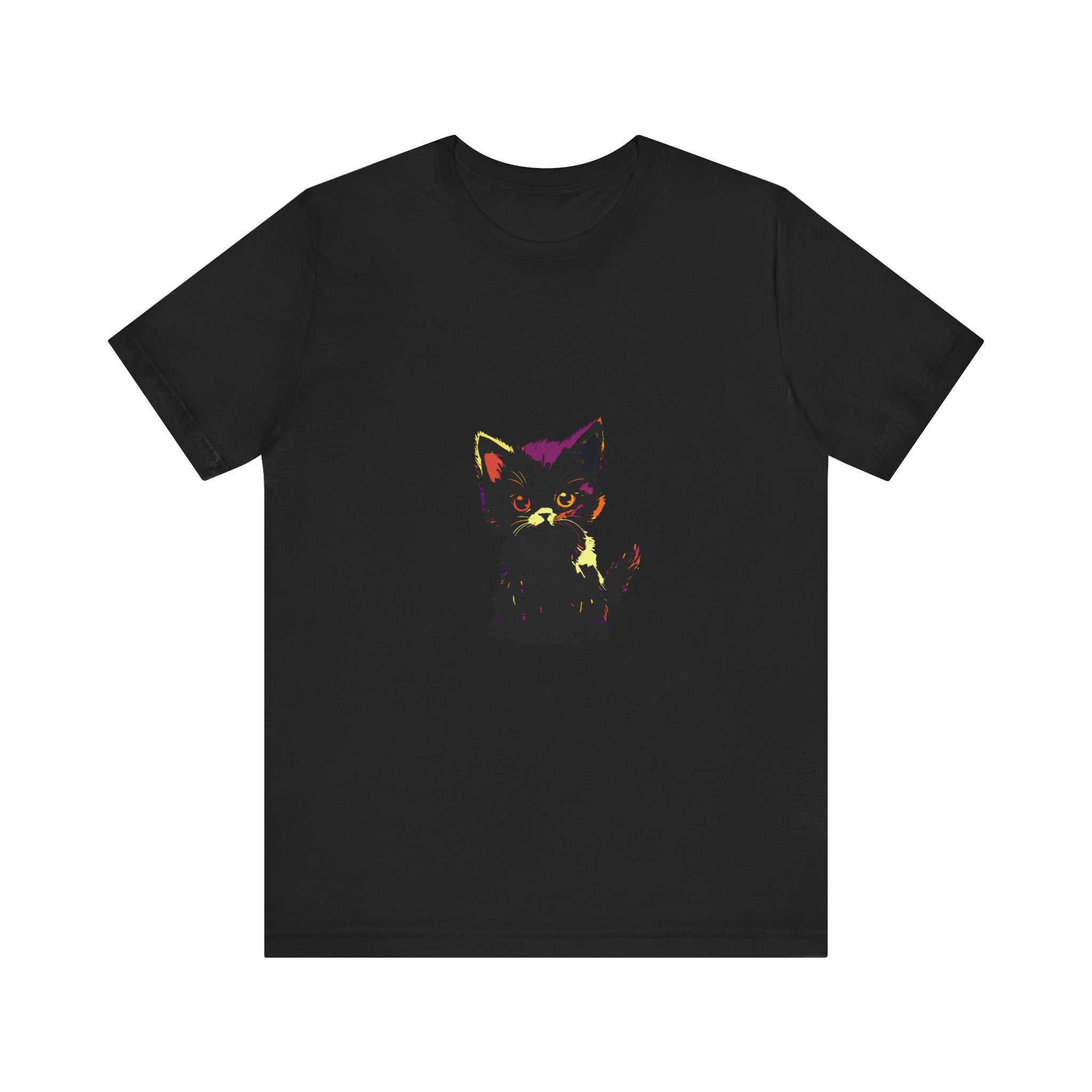 A close-up image of a black t-shirt with a neon outline of a mysterious cat, featuring glowing eyes and an enigmatic expression