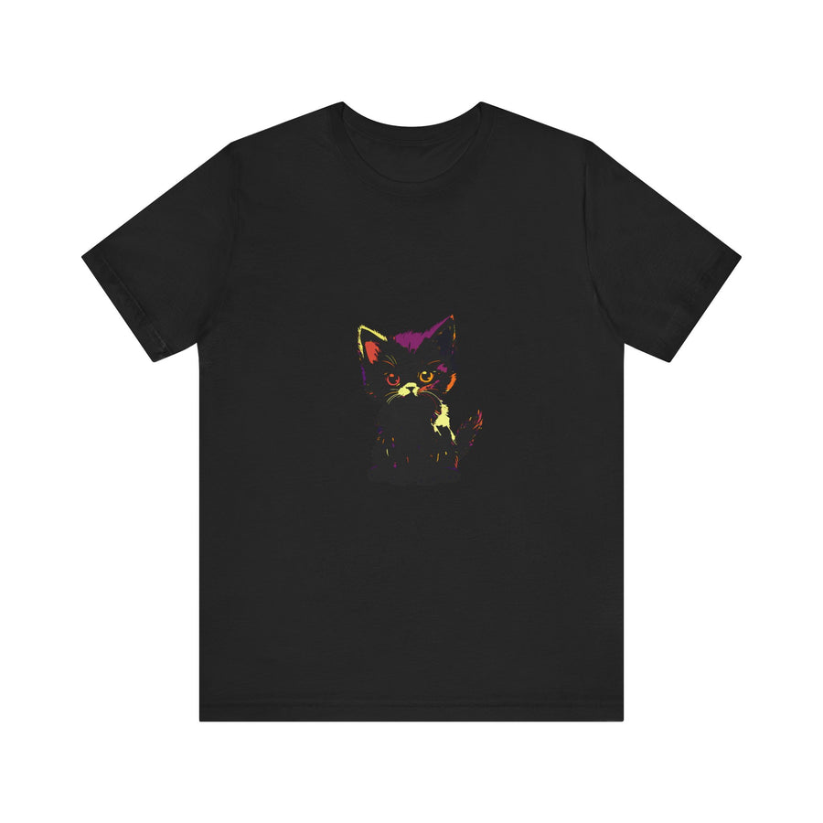 A close-up image of a black t-shirt with a neon outline of a mysterious cat, featuring glowing eyes and an enigmatic expression
