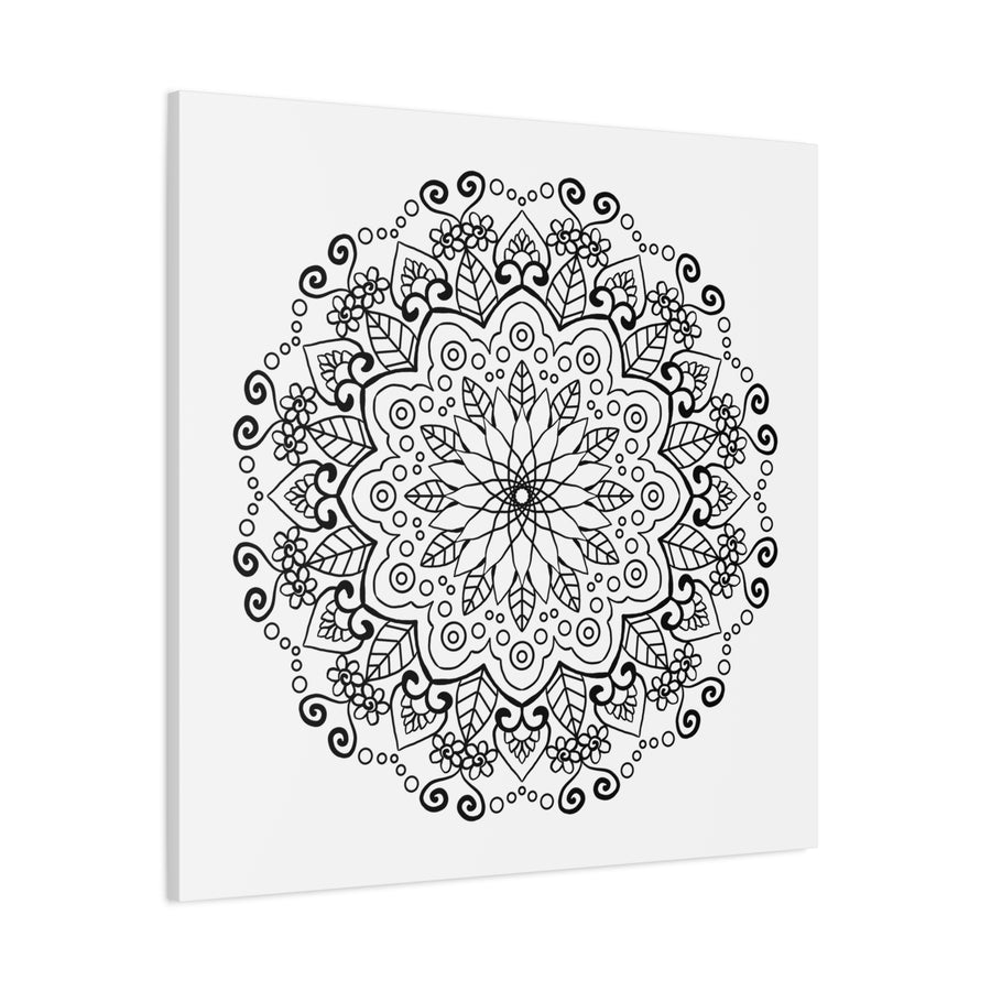 A stunning handmade mandala art piece in black and white, printed on high-quality matte canvas and stretched to 125 inches