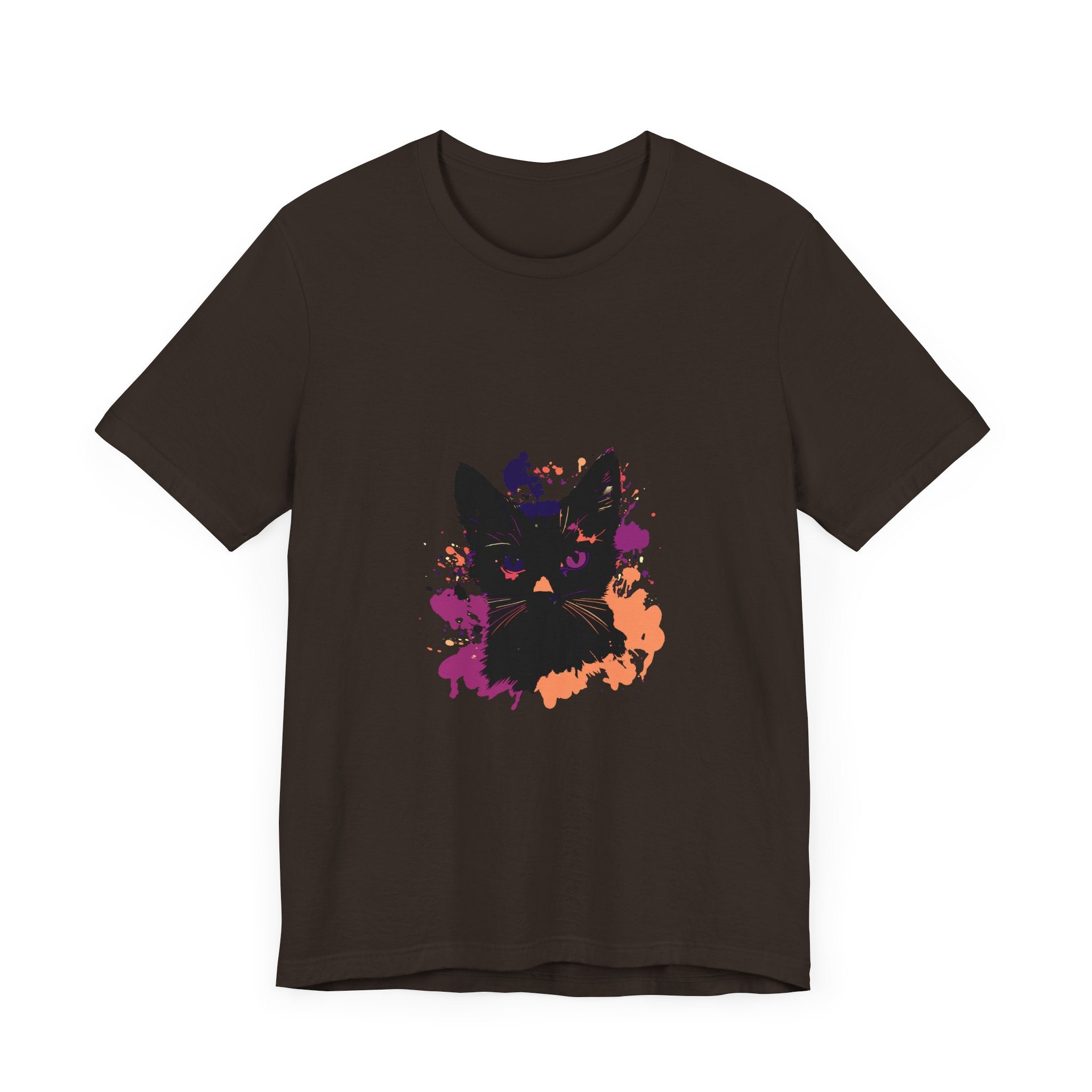 Black Cat Mystery T-Shirt featuring a striking black cat with piercing purple eyes