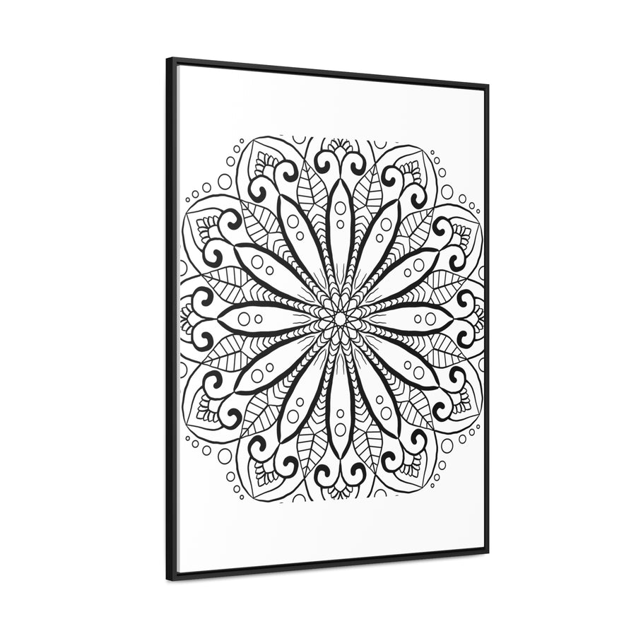 Beautiful, intricate mandala handmade art in black and white, displayed on gallery canvas wraps in a vertical frame
