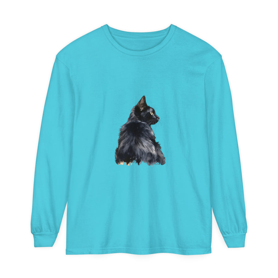 Black Cat Watercolor Long Sleeve T-Shirt with vibrant, hand-painted feline design